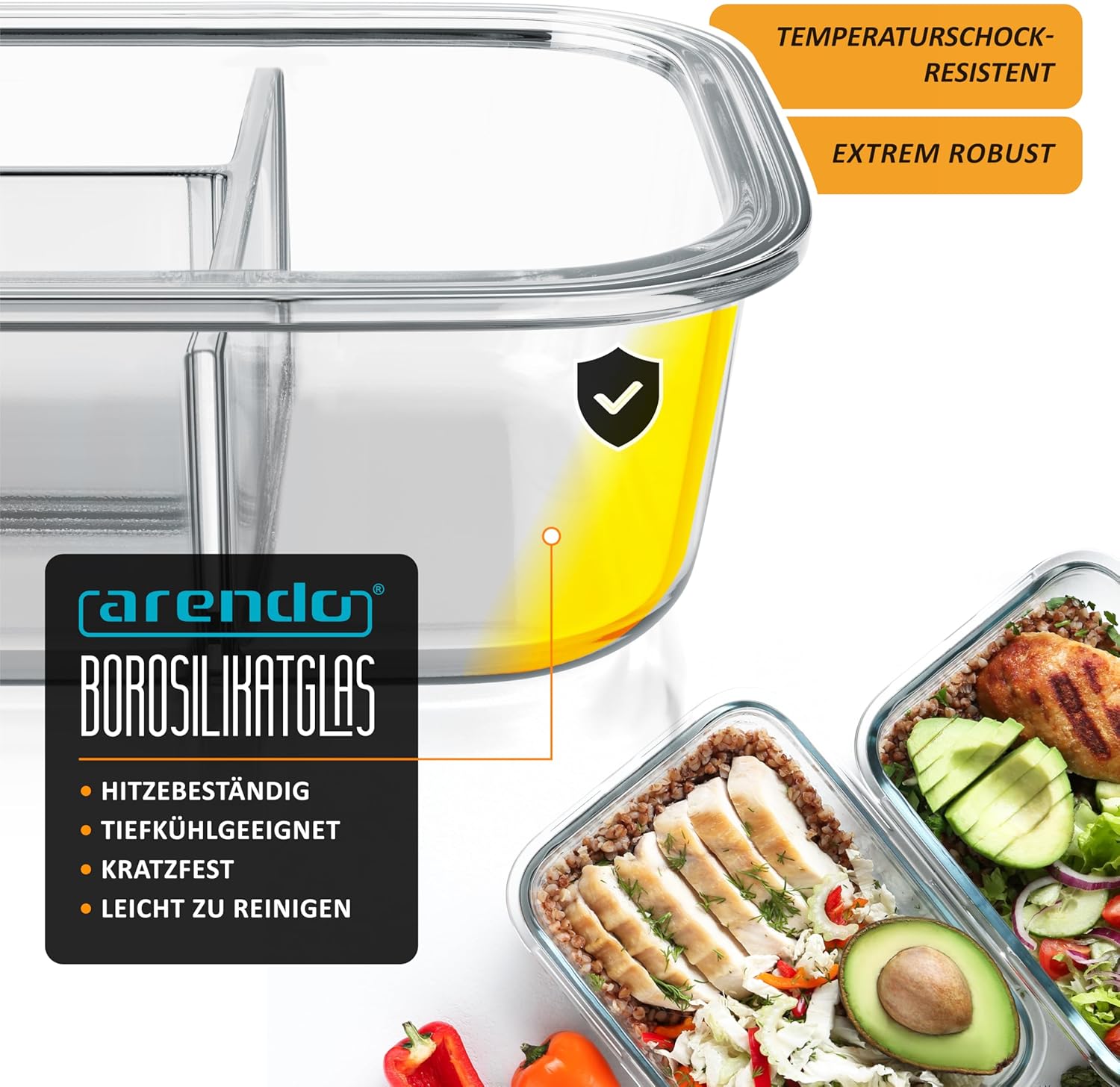 Arendo – Lunchboxen aus Glas – 3 Fächer – Frischhaltedosen mit Deckel, luftdicht – 2er-Set – 1500 ml – für Mikrowelle, Backofen, Gefrierschrank – spülmaschinenfest – Vorratsgläser für die Zubereitung von Mahlzeiten – Bild 5