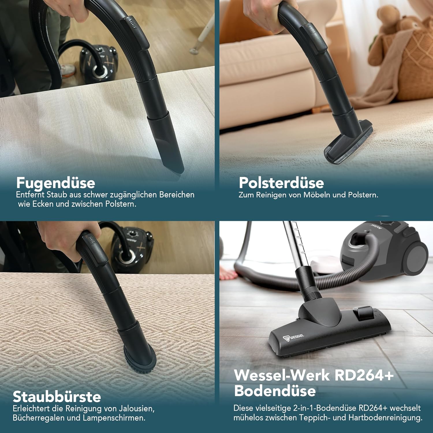 Akitas C5 Staubsauger mit Beutel, 850 W starke Saugleistung, 9 m Aktionsradius, HEPA-Filter für Allergiker und Haustiere, Wessel-Werk Bodendüse, inklusive 3 Zubehörteilen, kompakt und leicht – Bild 4