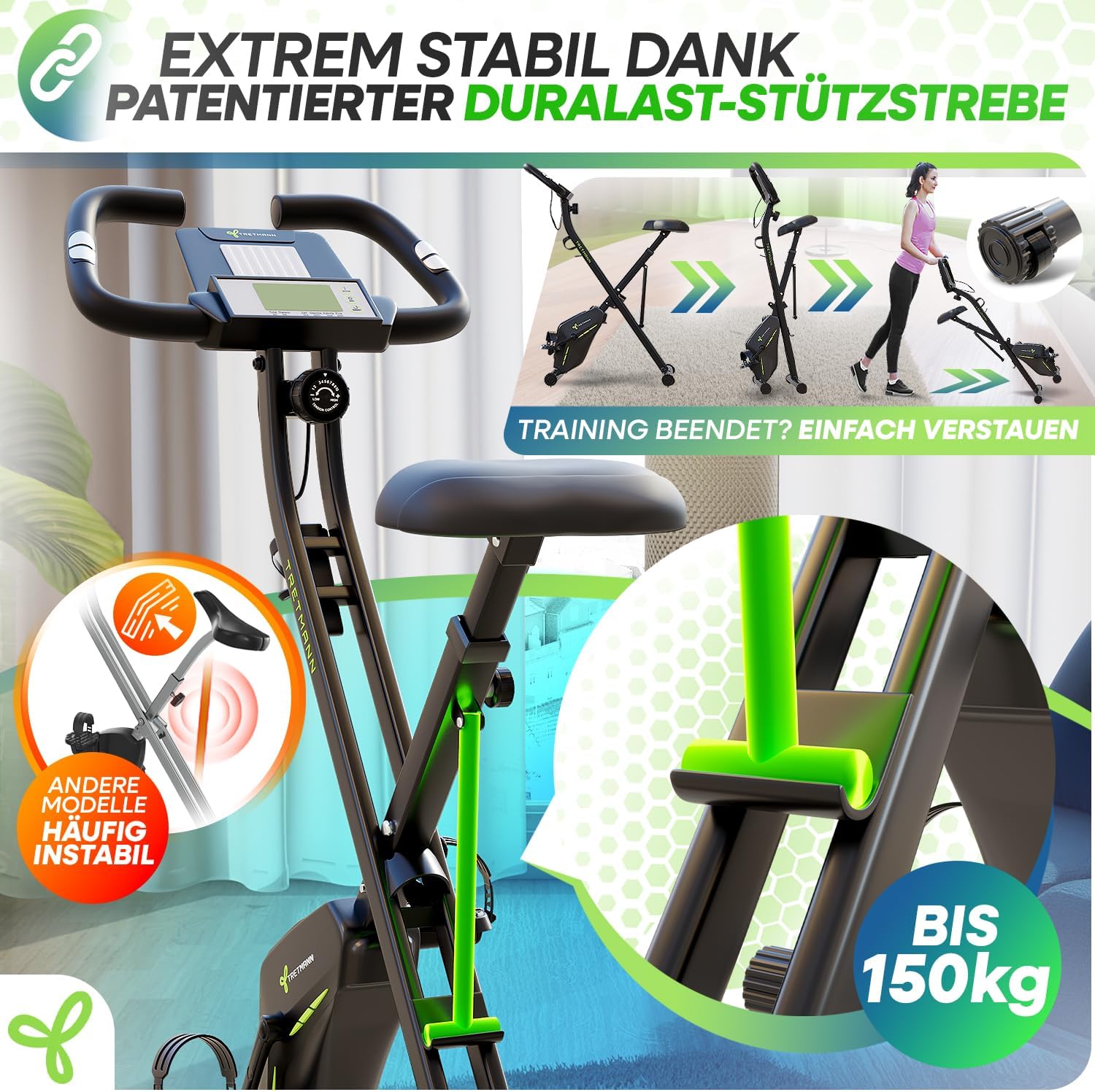 Tretmann Heimtrainer Fahrrad Klappset extra bequem & leise RelaxFoam bis 150 kg belastbar Ergometer, Heimtrainer, Ergometer Heimtrainer Senioren, Fitnessbikes – Bild 5