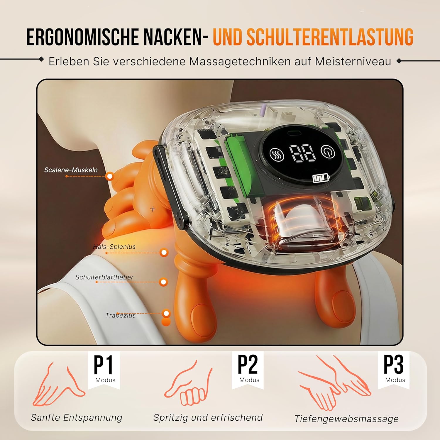 BeFit24 Neues Modell Nackenmassagegerät mit Wärme und Digitalanzeige – Tiefengewebsmassage für Nacken und Schultern, kabellos, wiederaufladbar, bionisches Handdesign, weiß – Bild 6
