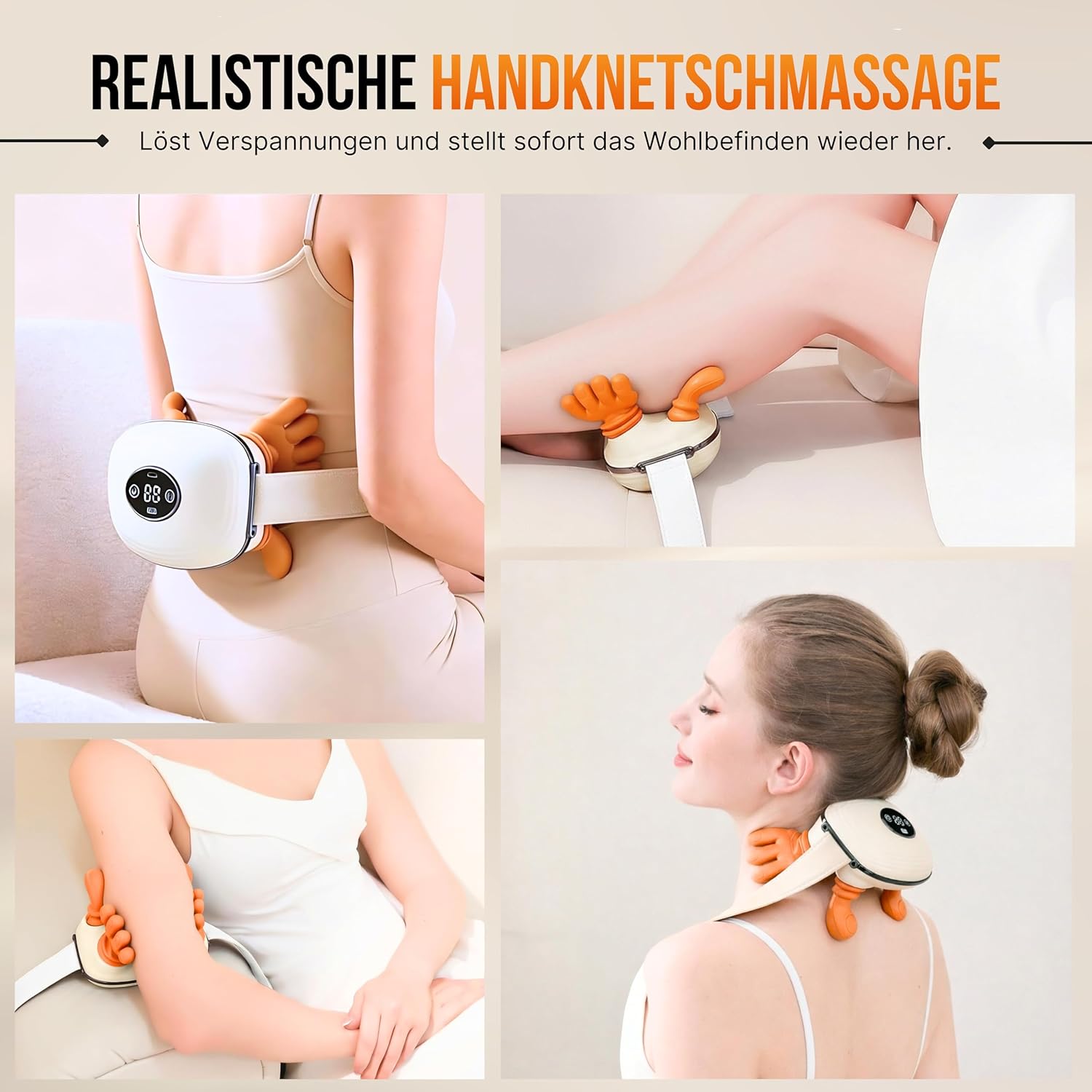 BeFit24 Neues Modell Nackenmassagegerät mit Wärme und Digitalanzeige – Tiefengewebsmassage für Nacken und Schultern, kabellos, wiederaufladbar, bionisches Handdesign, weiß – Bild 5