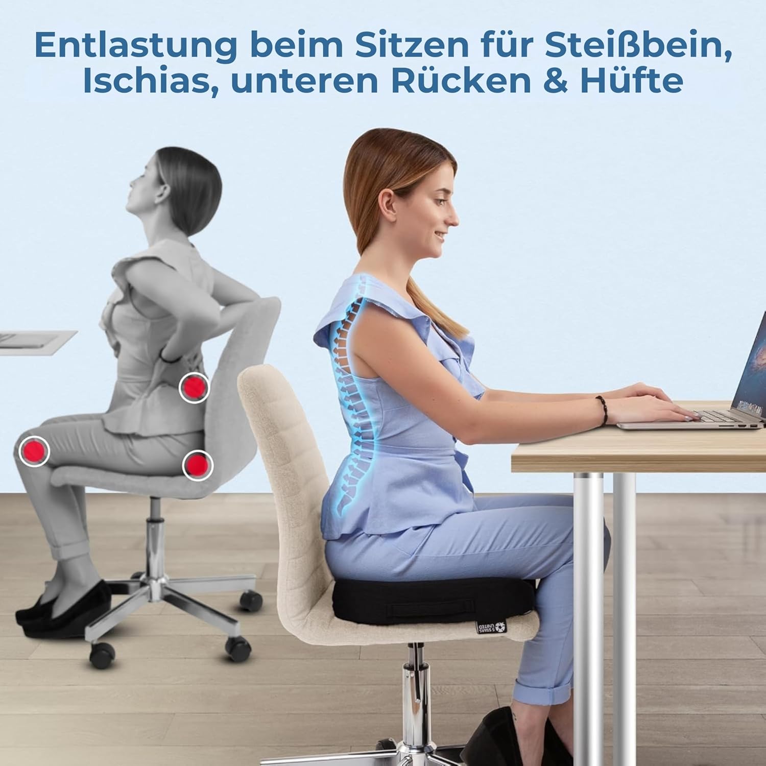 5 Stars United Memory Foam-Sitzkissen – ergonomisches Steißbeinkissen, Linderung von Ischias- und Rückenschmerzen, rutschfest, tragbar, waschbarer Bezug – Schwarz – Bild 4