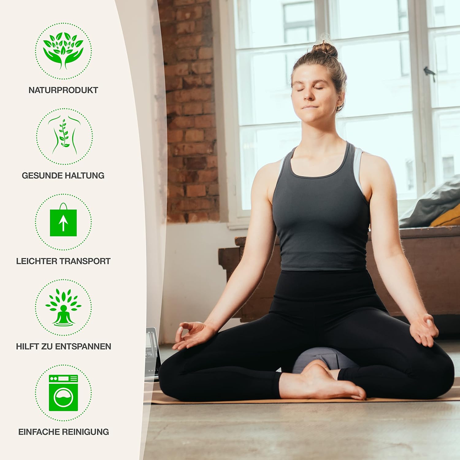 Backlaxx Yogakissen Meditationskissen XL 35 cm 30 % mehr Sitzfläche 15 cm hoch mit Buchweizenfüllung Yoga Sitzkissen Unterlage Perfektes Meditationszubehör Yogakissen rund inkl. Videokurs – Bild 2