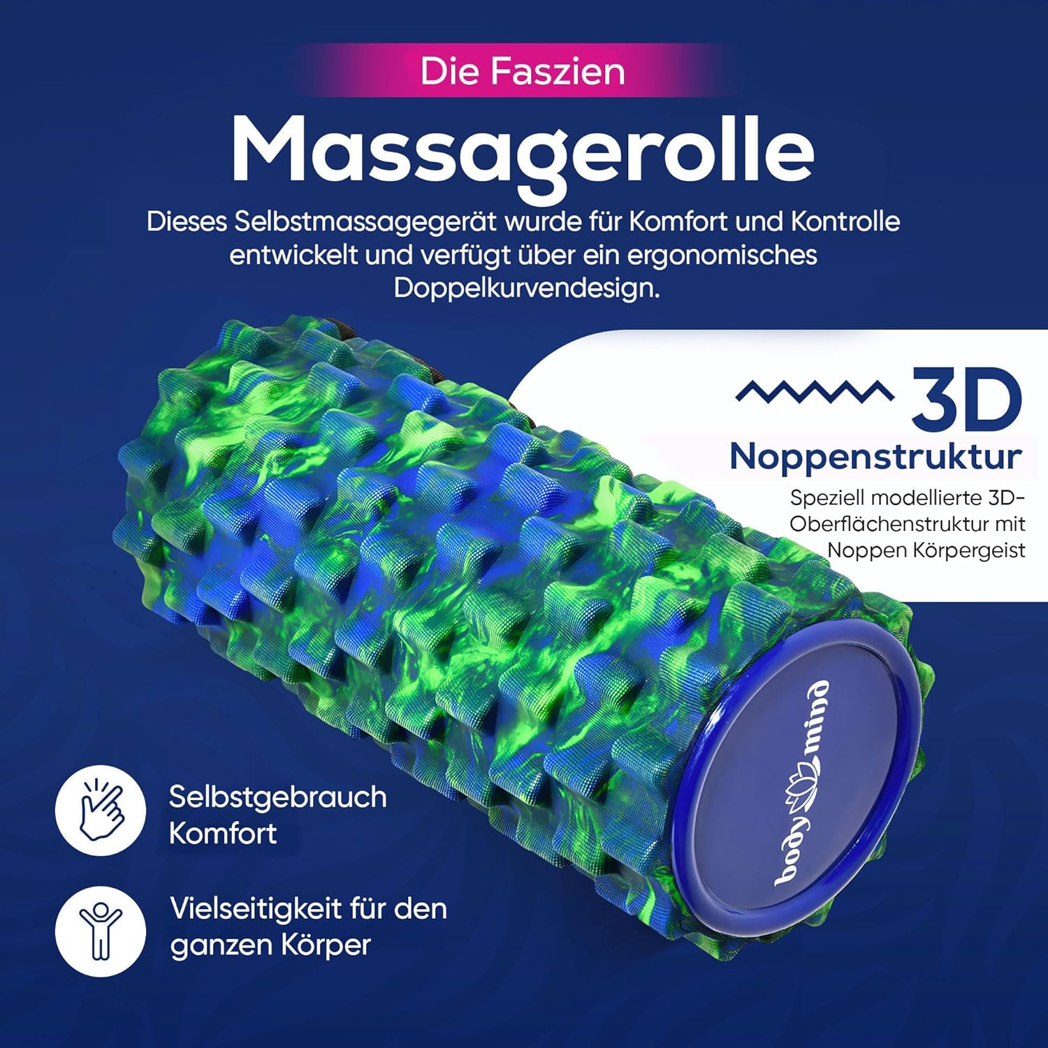 Body & Mind® Faszienrolle, Massagerolle, Fitnessrolle, Sportrolle, Therapierolle, Faszientraining für Oberkörper, Nacken, Rücken, Beine, Waden und alle anderen Muskelgruppen, 33 x 14,5 cm – Bild 2