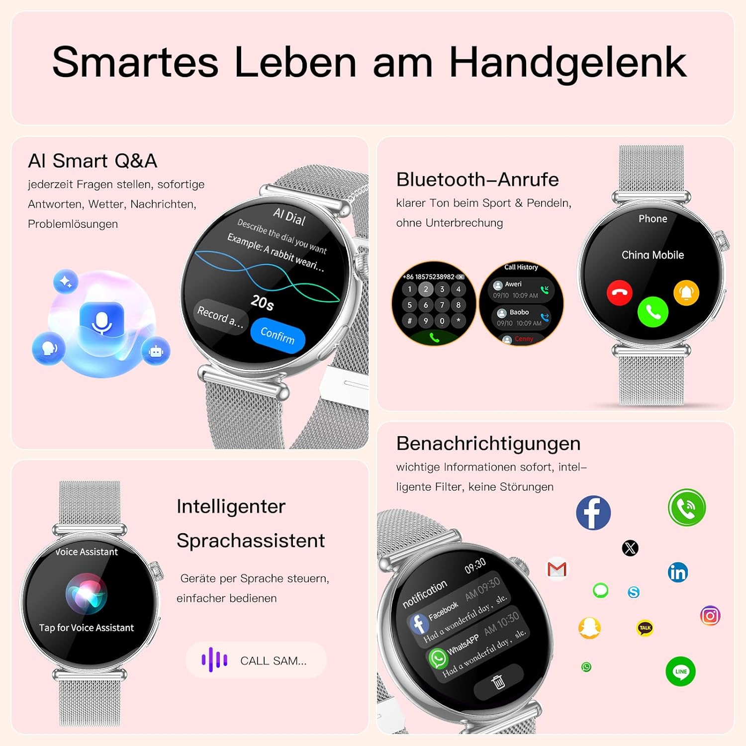 2026 Damen-Smartwatch mit EKG-/Blutdruckmessung, 1,32 Zoll AOD-Gesundheitsuhr mit AI-Zifferblatt und AI Smart Q&A, Bluetooth-Anrufe/SpOE₂/Schlaf/Puls/HRV/BMI/Menstruationszyklus/Stress, kleine Runde – Bild 5