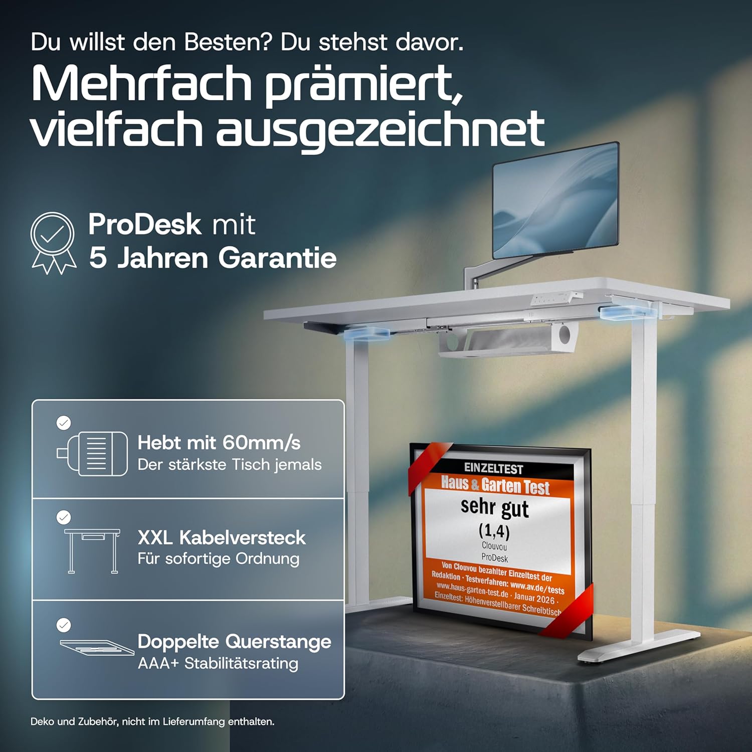 CLOUVOU ProDesk höhenverstellbarer elektrischer Schreibtisch 160 x 80 cm (Testsieger). Doppelmotorischer Schreibtisch, höhenverstellbarer elektrischer Schreibtisch mit Speicher, 2 x USB und Kabelversteck – Bild 2