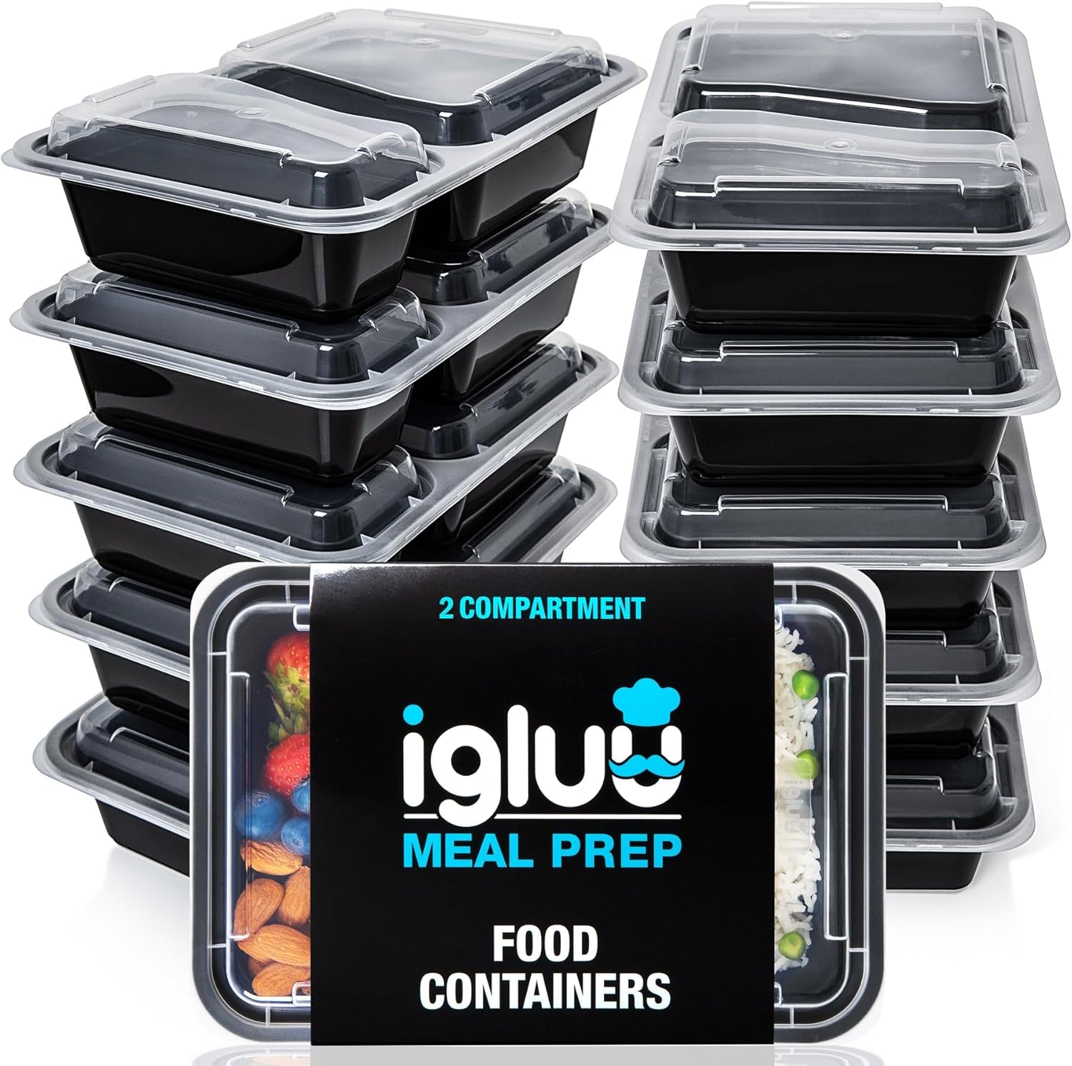 Igluu Meal-Prep-Behälter mit 2 Fächern, Lebensmittelbox, Lunchbox, mikrowellengeeignet, spülmaschinenfest und wiederverwendbar, luftdichter Deckelverschluss, BPA-frei, 10 Stück