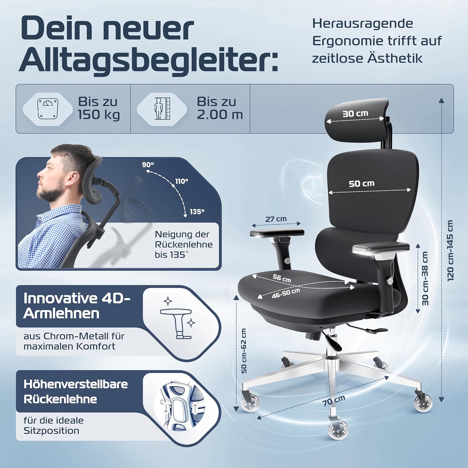 CLOUVOU ProSeat Ergonomischer Bürostuhl (Testsieger), Schreibtischstuhl, 100 % individuell verstellbar, Bürostuhl & Gaming-Stuhl, Computerstuhl, Home-Office-Stuhl, ergonomischer Drehstuhl, 150 kg – Bild 2