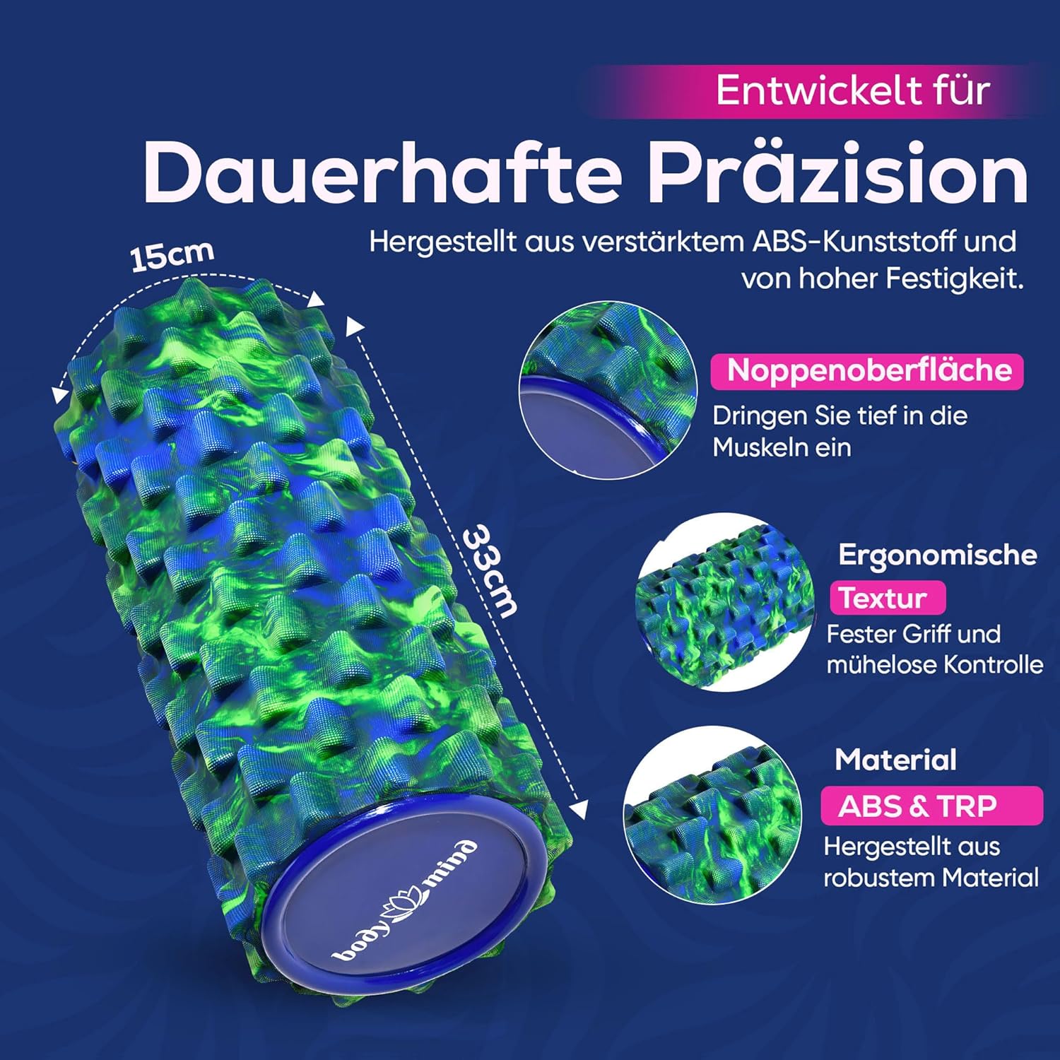 Body & Mind® Faszienrolle, Massagerolle, Fitnessrolle, Sportrolle, Therapierolle, Faszientraining für Oberkörper, Nacken, Rücken, Beine, Waden und alle anderen Muskelgruppen, 33 x 14,5 cm – Bild 6