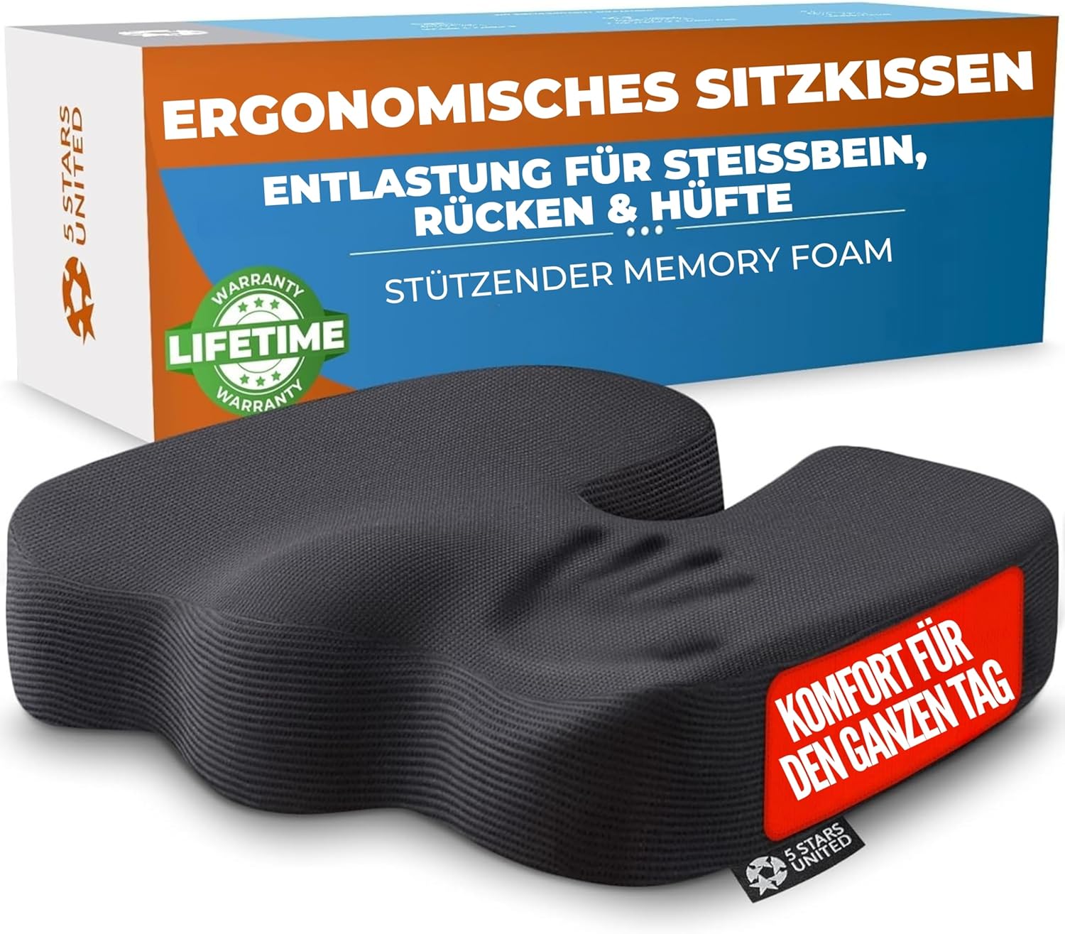 5 Stars United Memory Foam-Sitzkissen – ergonomisches Steißbeinkissen, Linderung von Ischias- und Rückenschmerzen, rutschfest, tragbar, waschbarer Bezug – Schwarz