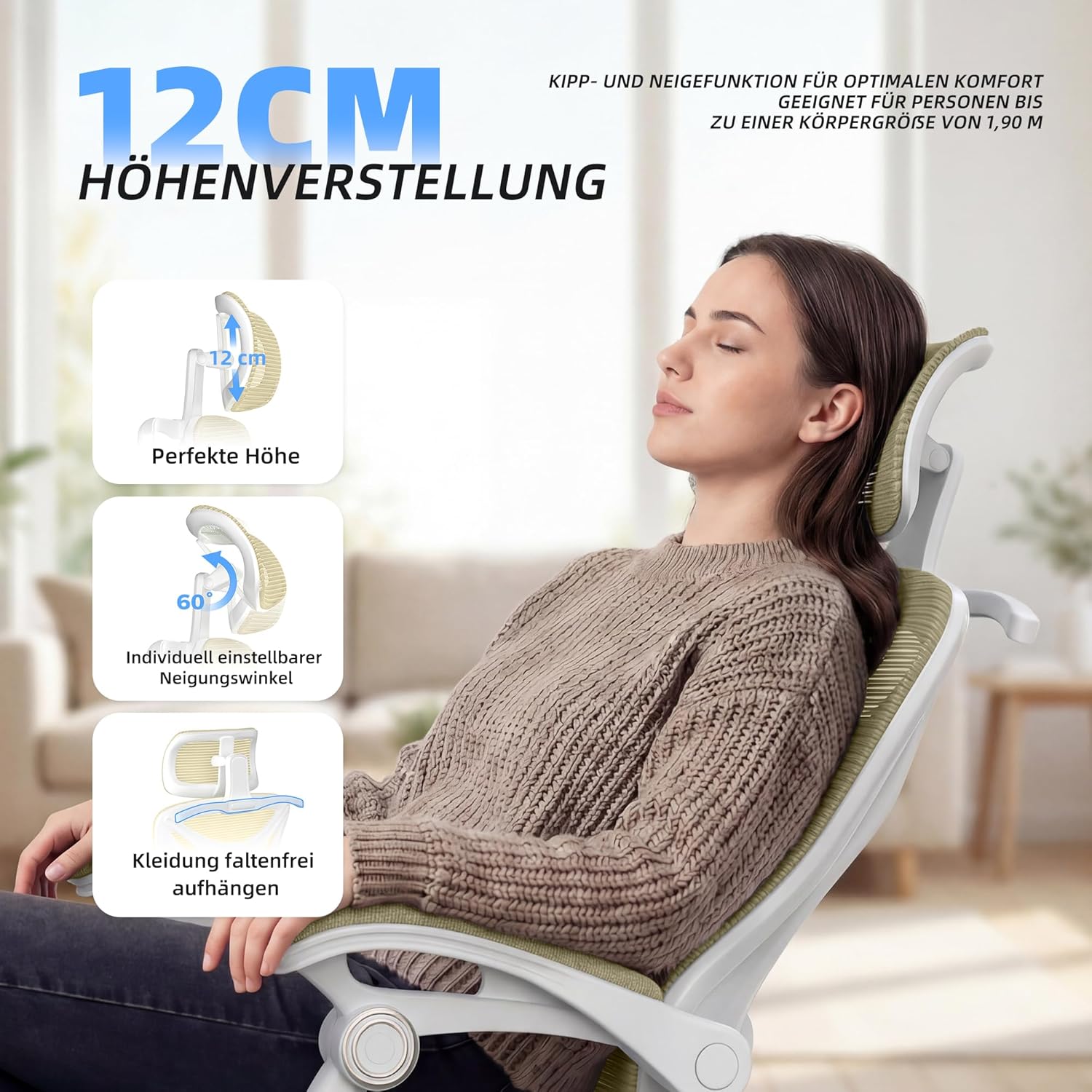 CYKOV Ergonomischer Bürostuhl mit Fußstütze, Bürostuhl & Gaming-Stuhl 150 kg+, 90-160° verstellbare Rückenlehne, verstellbare Lendenwirbelstütze und Kopfstütze, PC-Stuhl & Drehstuhl für Home Office – Bild 6