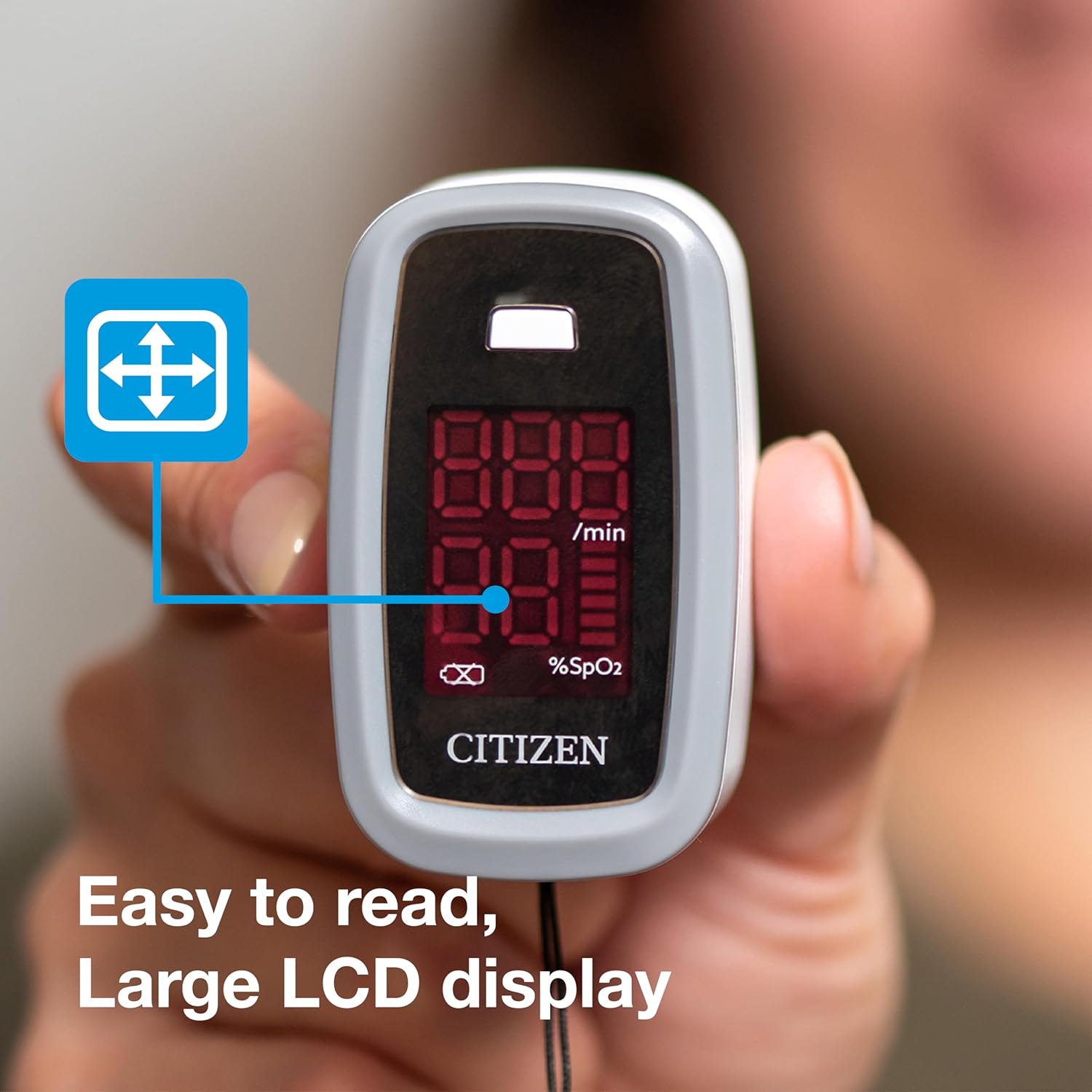 Citizen Fingerpulsoximeter CMS50DL1 Sauerstoffmessgerät Pulsmesser | Zuverlässige SpO2-Kontrolle für zu Hause, Ein-Knopf-Bedienung, großes LCD-Display und Trageband, inklusive 2 x AAA-Batterien – Bild 4