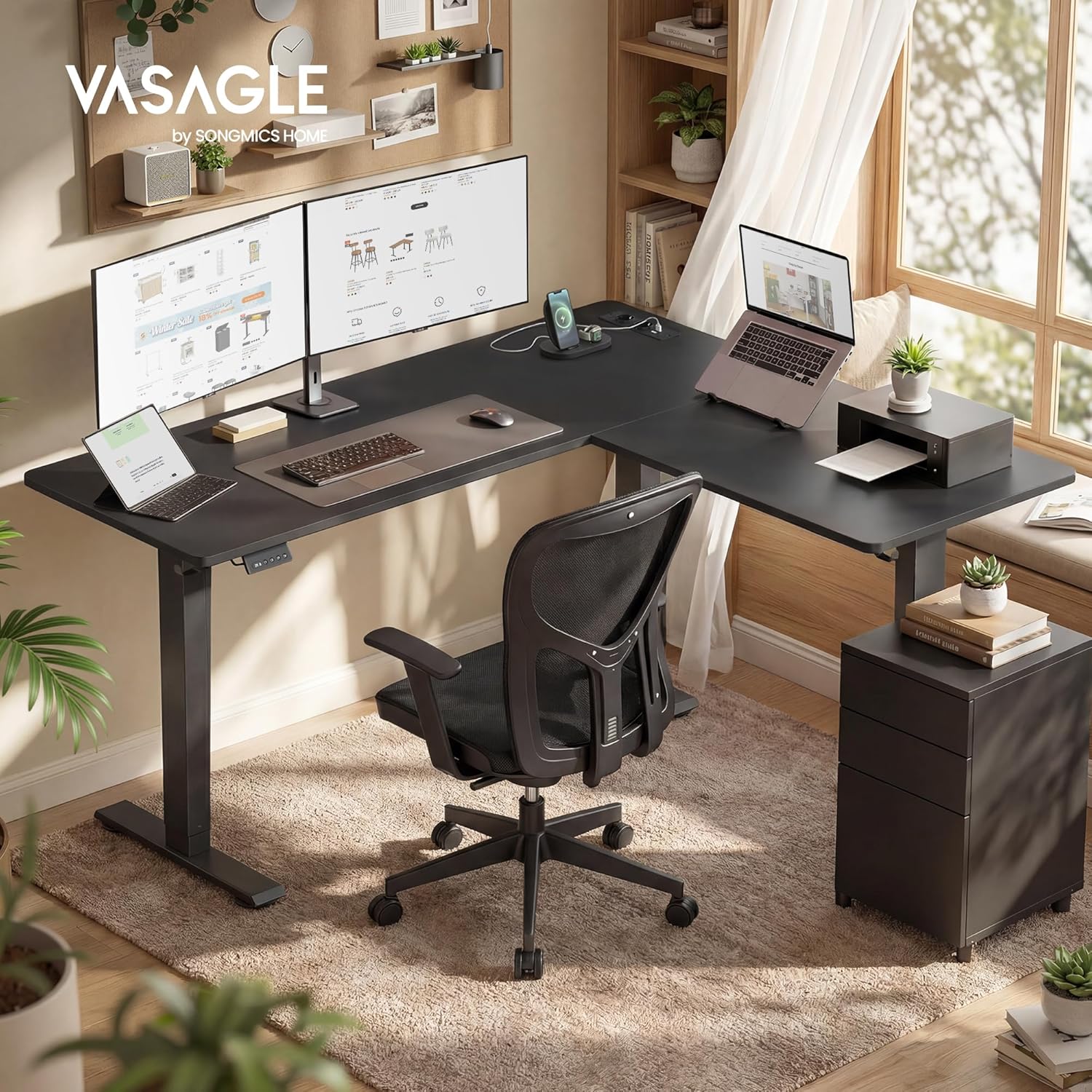 VASAGLE Höhenverstellbarer Schreibtisch, 160 x 140 cm, L-förmiger Eckschreibtisch, Stehpult, 2 AC-Steckdosen, 2 USB-A-Anschlüsse, Steckdosenleistenablage für das Büro, Tintenschwarz LSD264BZ01 – Bild 2