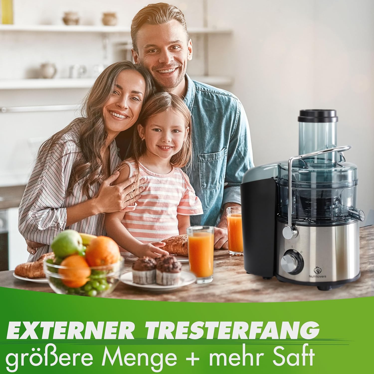 Nutrilovers Schnellentsafter Max, Zentrifugalentsafter, Obst- und Gemüsepresse, 800 W, XXL-Schlitz, Edelstahlsieb, externer Tresterbehälter, BPA-frei, inklusive Trinkflasche + Rezeptbuch – Bild 8