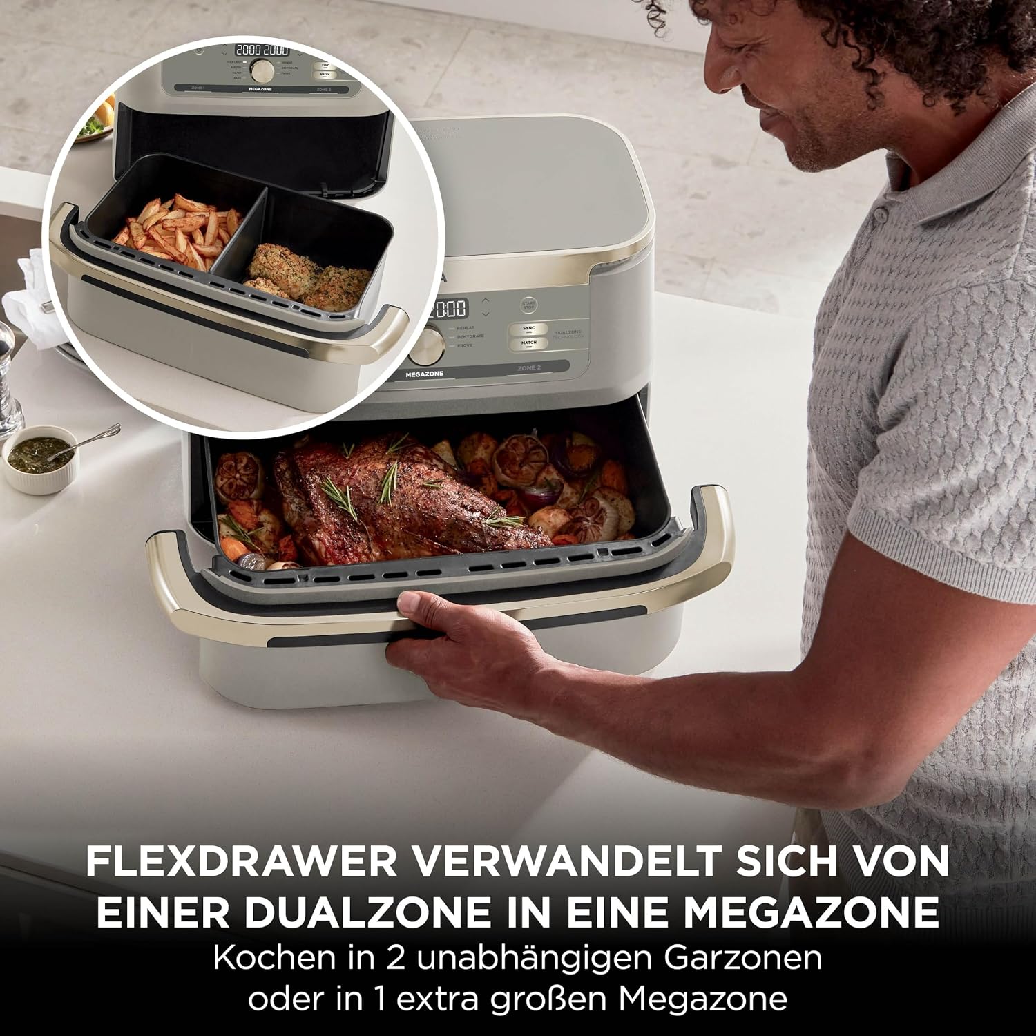 Ninja Foodi FlexDrawer Heißluftfritteuse, Dual-Zone, lässt sich in MegaZone 10,4 l umwandeln, Dual-Zone, mit wenig bis gar keinem Öl, antihaftbeschichtete, spülmaschinenfeste Teile, Stone Gold AF500EUSD – Bild 2