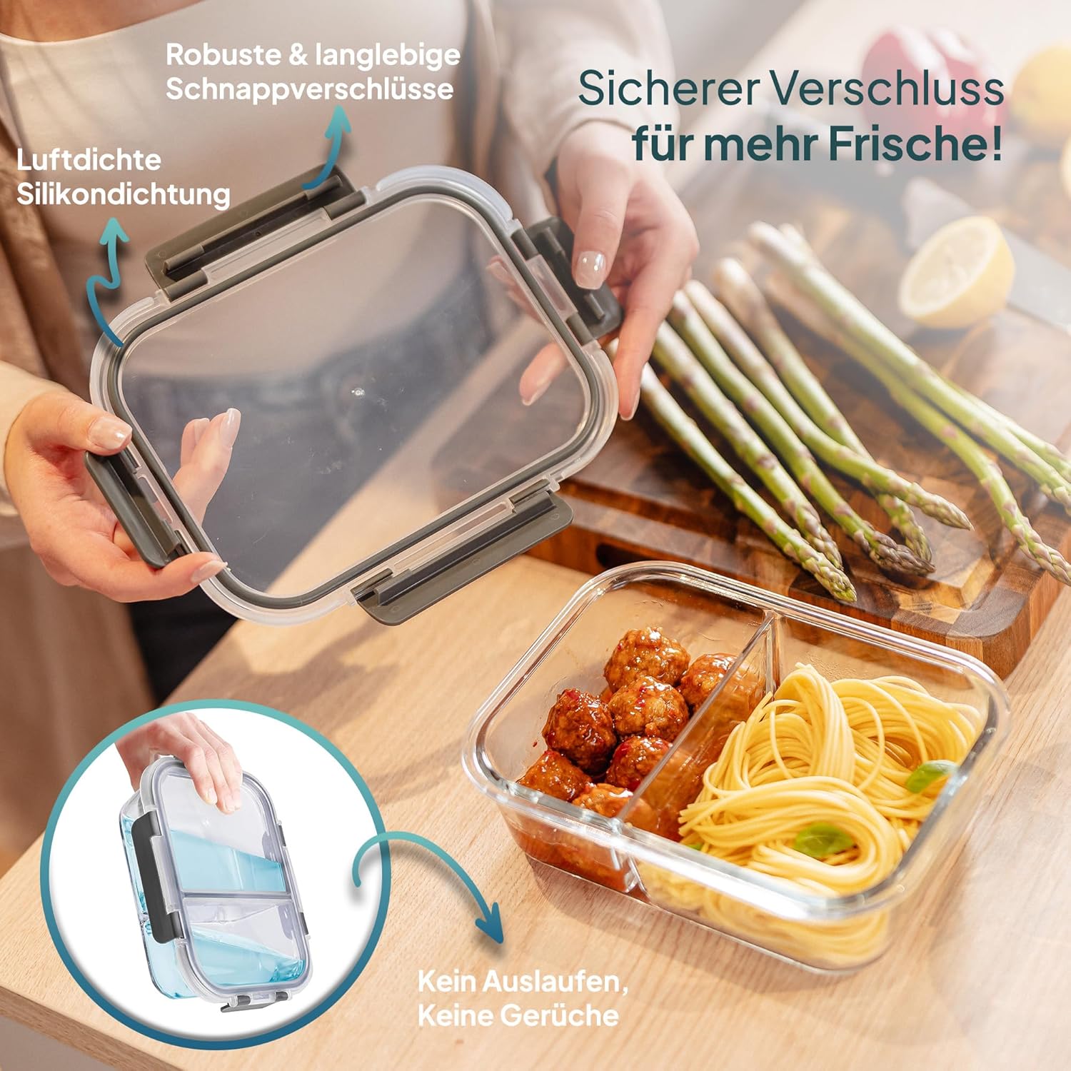 uandu Glasbehälter mit Deckel, 10 Stück, mit 2 Fächern, Borosilikatglas mit Deckel, Meal-Prep-Gläser, Frischhaltedosen aus Glas mit Deckel, Glasdosen mit Deckel-Set, Meal-Prep-Boxen, 5 Behälter + 5 Deckel – Bild 3