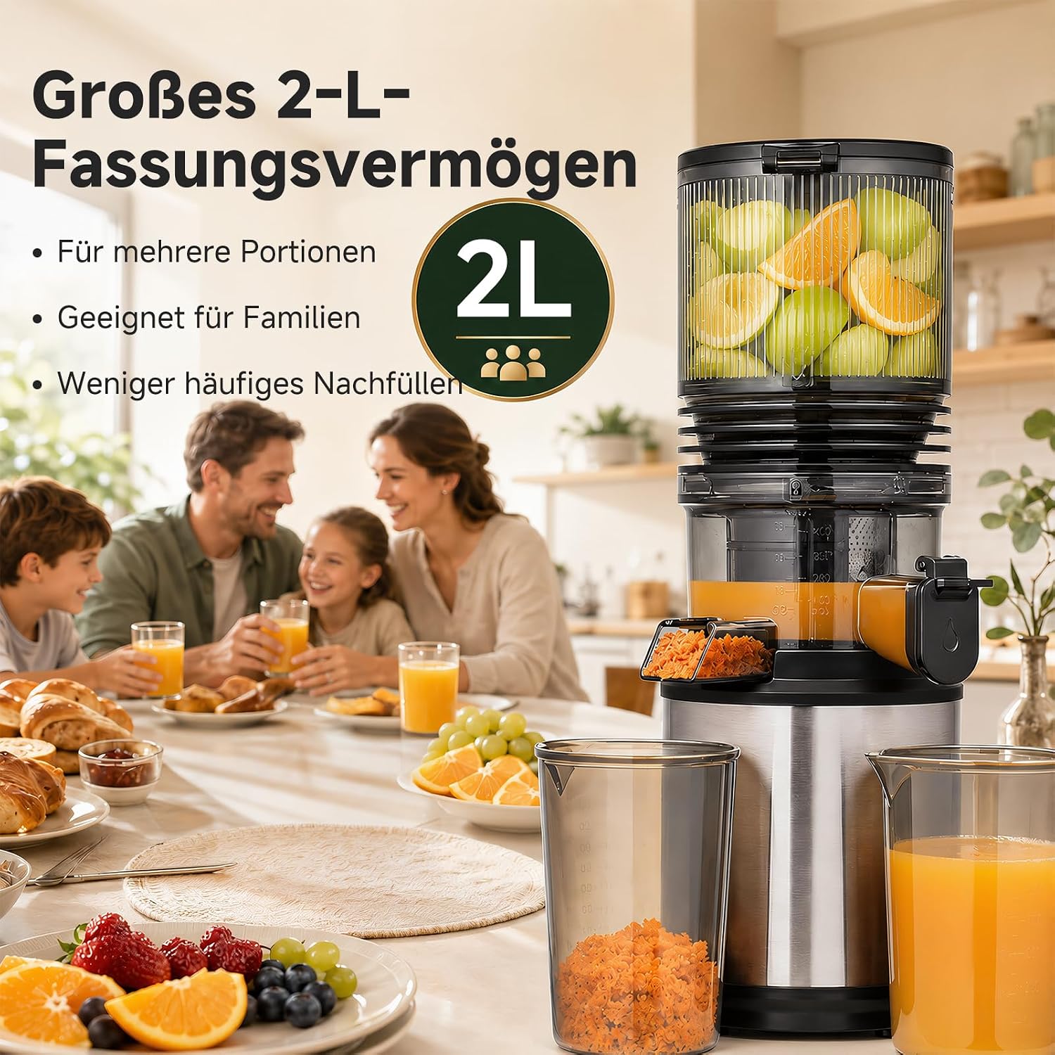 AMZCHEF Entsafter – Langsamer Entsafter mit 158 mm Einfüllschacht für ganzes Gemüse und Obst, leicht zu reinigen, Kaltpress-Entsafter mit Saft- und Tresterbecher, hohe Saftausbeute, Silber/Schwarz – Bild 3