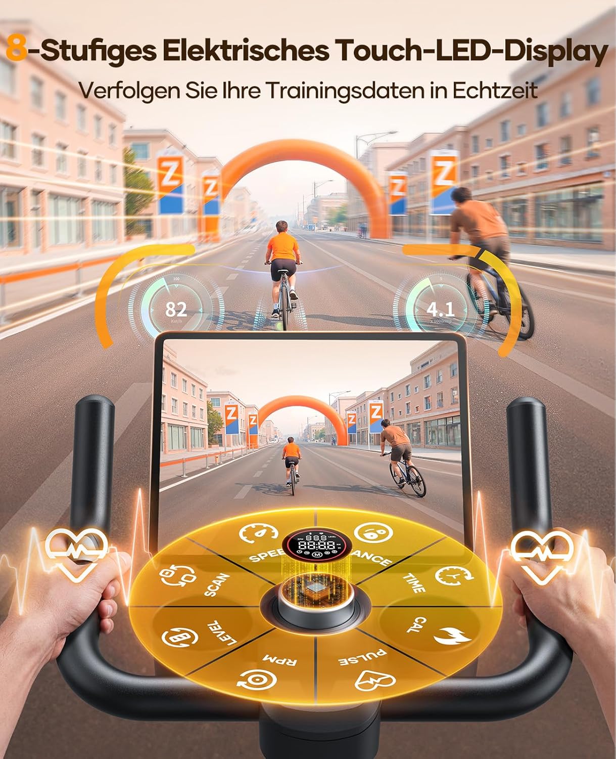 Toputure Neuer Heimtrainer mit elektrischem LED-Touchscreen und App, Herzfrequenzmesser, 32 elektrischer Magnetwiderstands-Heimtrainer, leises Ergometer, doppelter Flaschenhalter, Langhantelständer, bis zu 150 kg – Bild 2