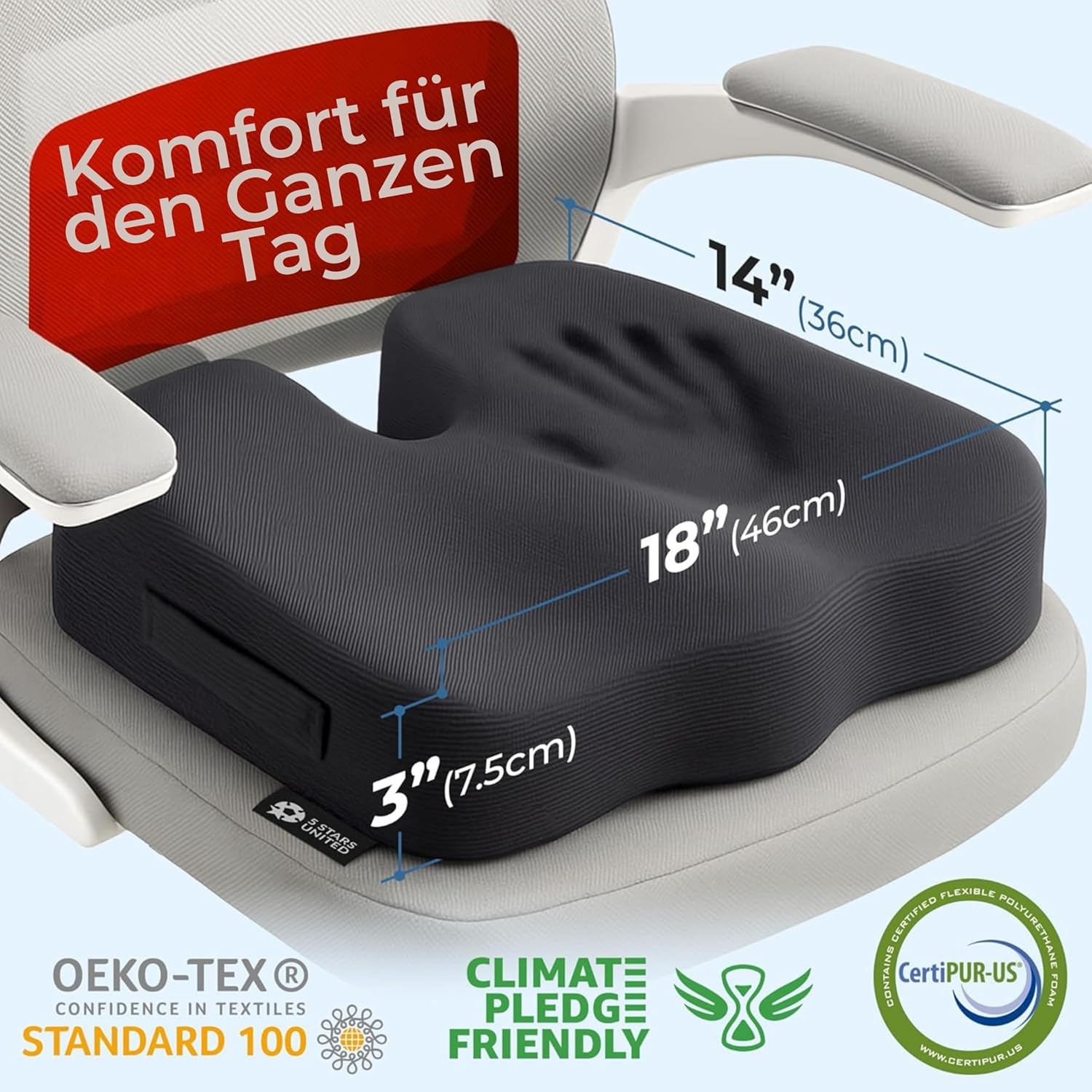 5 Stars United Memory Foam-Sitzkissen – ergonomisches Steißbeinkissen, Linderung von Ischias- und Rückenschmerzen, rutschfest, tragbar, waschbarer Bezug – Schwarz – Bild 2