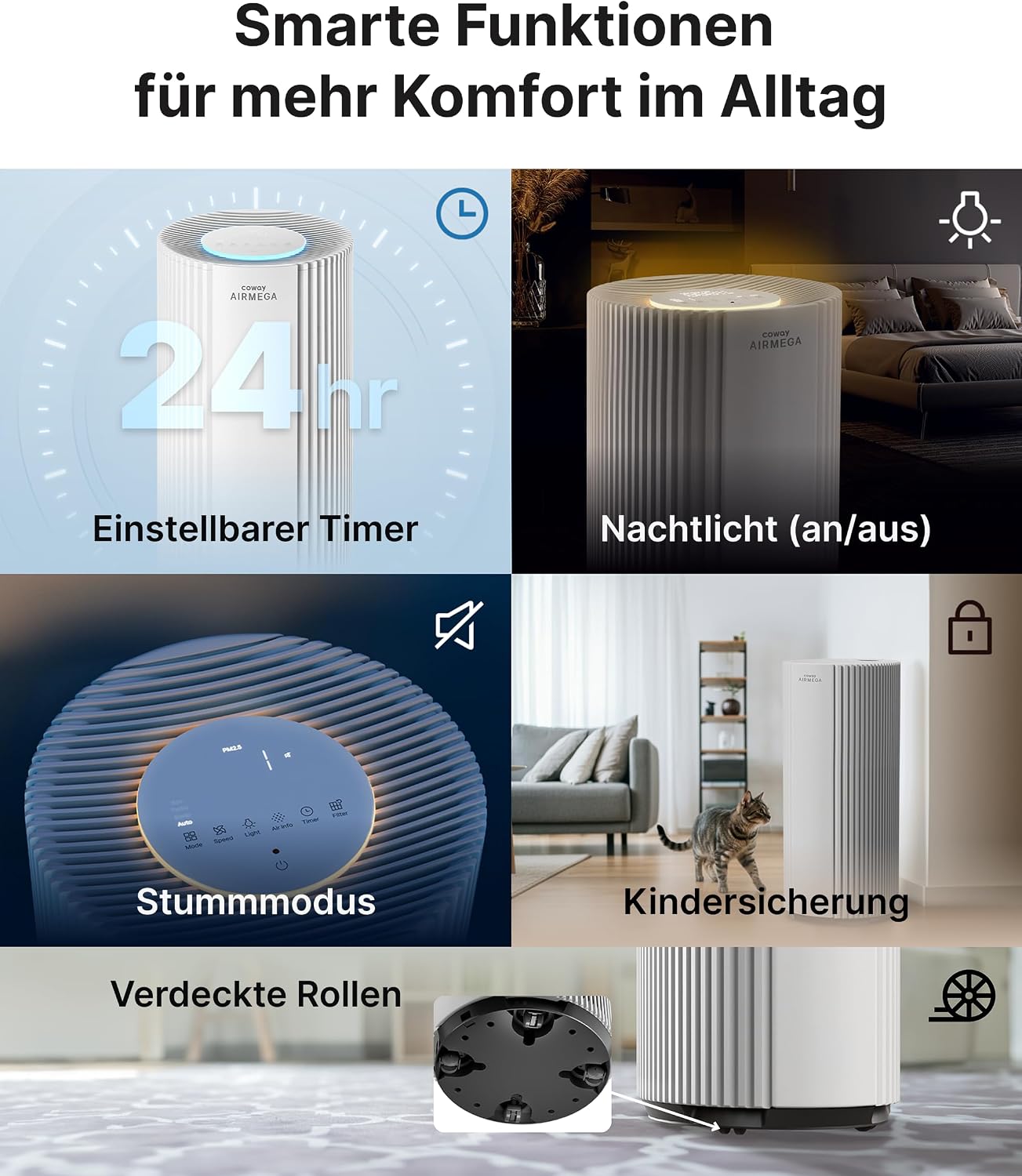 COWAY Luftreiniger für große Räume, CADR 734 m³/h, reinigt 153 m² in 30 Minuten, HEPA-Filter gegen Rauch, Allergien, Tierhaare, Gerüche, PM1/2,5/10 AQI-Display, Energiesparmodus, AIRMEGA 450 weiß – Bild 10