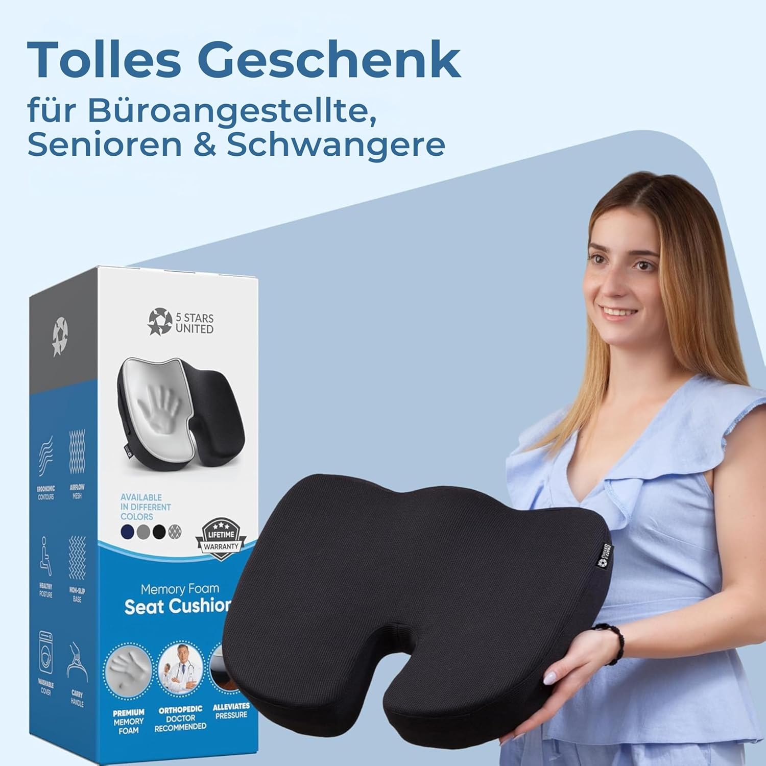 5 Stars United Memory Foam-Sitzkissen – ergonomisches Steißbeinkissen, Linderung von Ischias- und Rückenschmerzen, rutschfest, tragbar, waschbarer Bezug – Schwarz – Bild 8