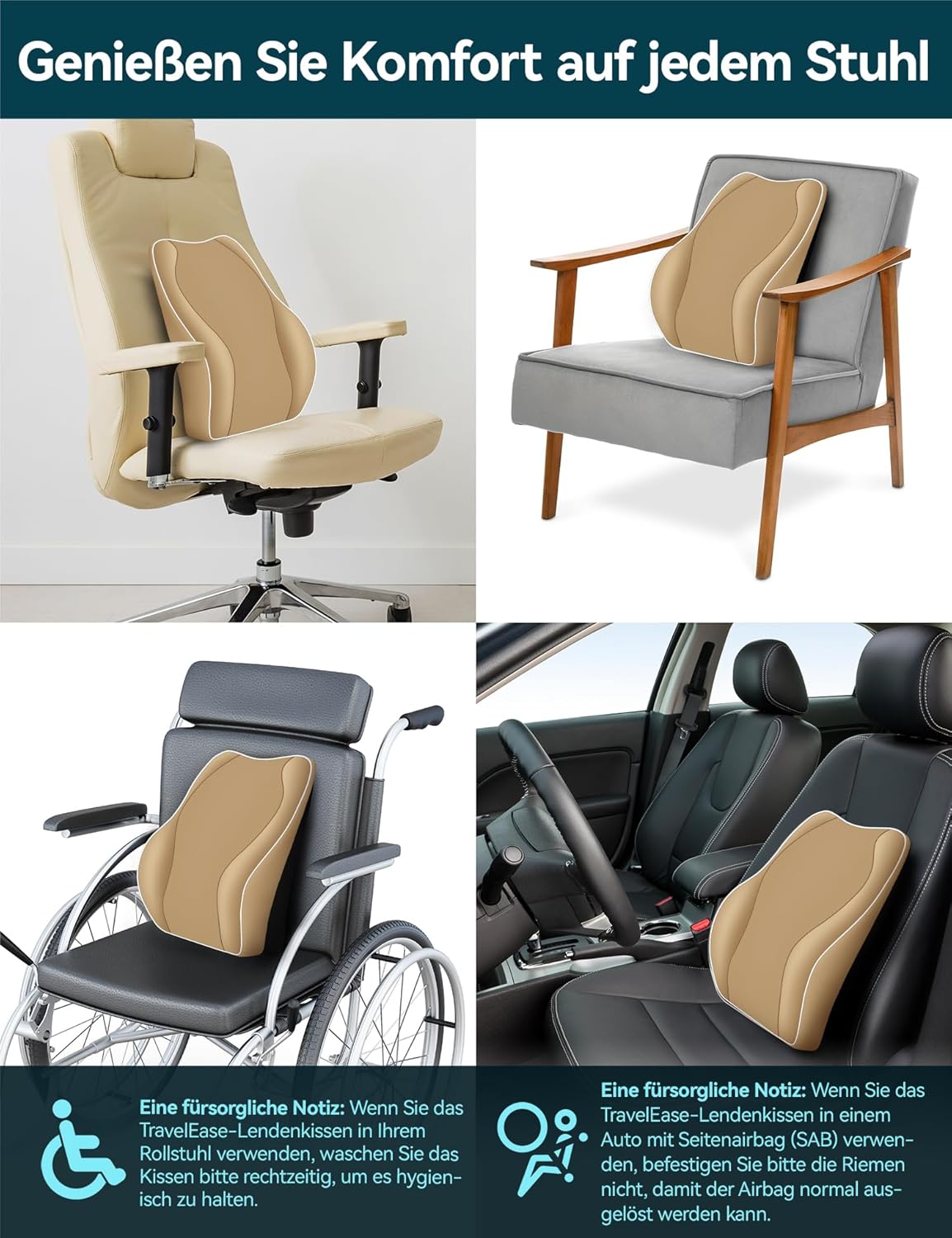 Travel Ease Ergonomisches Memory Foam Rückenkissen, Lendenkissen für Bürostuhl, Schreibtischstuhl, mit antistatischem, hautfreundlichem Bezug und für eine bequeme Sitzhaltung (Khaki) – Bild 7