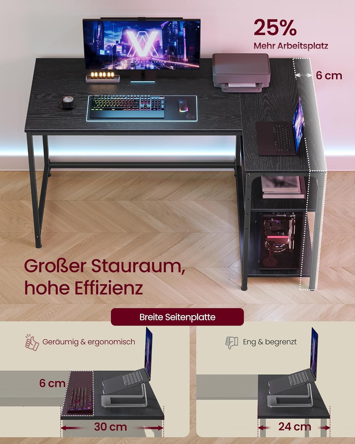 VASAGLE LWD136BE01 Eckschreibtisch, L-förmiger Computertisch mit Stauraum, Büroschreibtisch, höhenverstellbare Ablage für Heimbüro, 120 x 80 cm, Ebenholzschwarz – Bild 4
