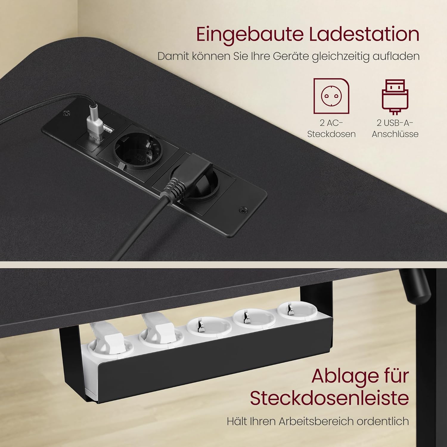 VASAGLE Höhenverstellbarer Schreibtisch, 160 x 140 cm, L-förmiger Eckschreibtisch, Stehpult, 2 AC-Steckdosen, 2 USB-A-Anschlüsse, Steckdosenleistenablage für das Büro, Tintenschwarz LSD264BZ01 – Bild 6