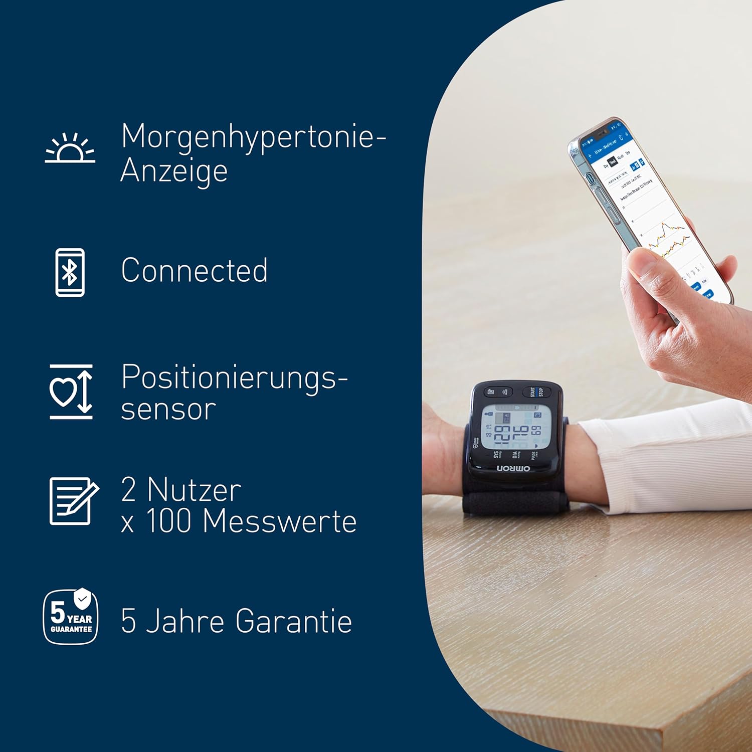 OMRON RS7 Intelli IT, digitales Handgelenk-Blutdruckmessgerät, Testsieger Stiftung Warentest 09/2020, klinisch validiert – auch bei Adipositas, Bluetooth- und Smartphone-kompatibel – Bild 2