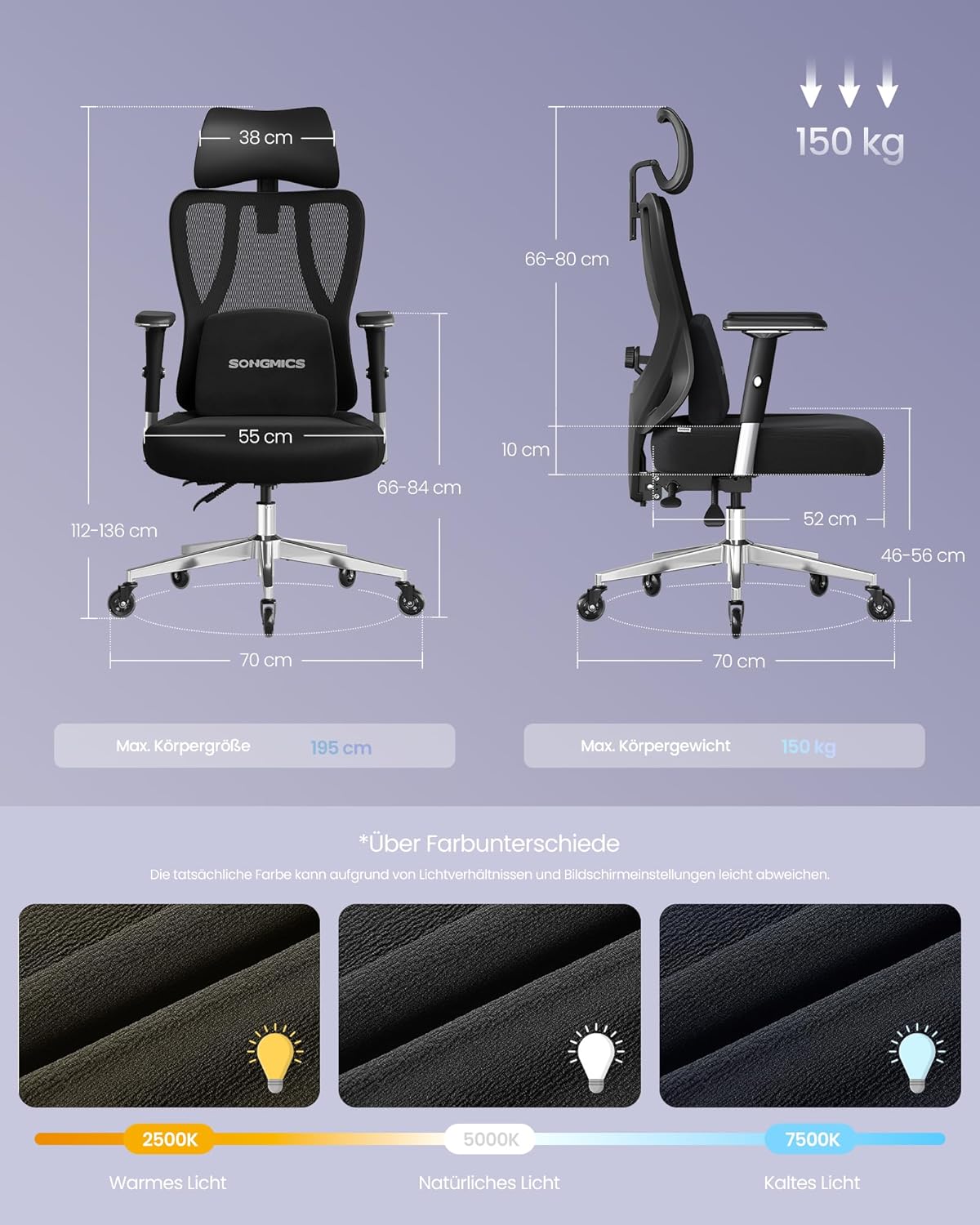SONGMICS Bürostuhl, ergonomischer Schreibtischstuhl, Gaming-Stuhl, verstellbare Lendenwirbel-Kopfstütze, Armlehnen, verschiedene Höhen, 150 kg Tragkraft, Tintenschwarz, OBN067BH01 – Bild 3