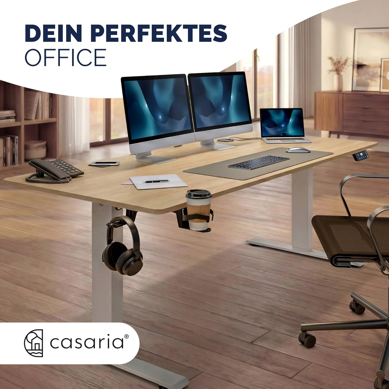 Casaria Höhenverstellbarer elektrischer Schreibtisch 140 x 70 cm mit kabellosem Ladegerät & USB-C/A-Anschluss, LCD-Display, Memory-Funktion, 80 kg Tragkraft, ergonomisch, Beige – Bild 7