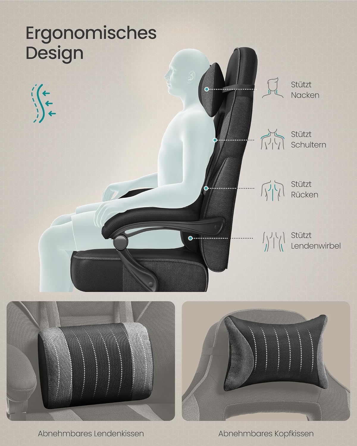 SONGMICS Gaming-Stuhl, Bürostuhl mit Fußstütze, Schreibtischstuhl mit Kopfstütze und Lendenkissen, höhenverstellbar, ergonomisch, maximale Belastung 150 kg, Tintenschwarz/Schiefergrau OBG073BH20 – Bild 6