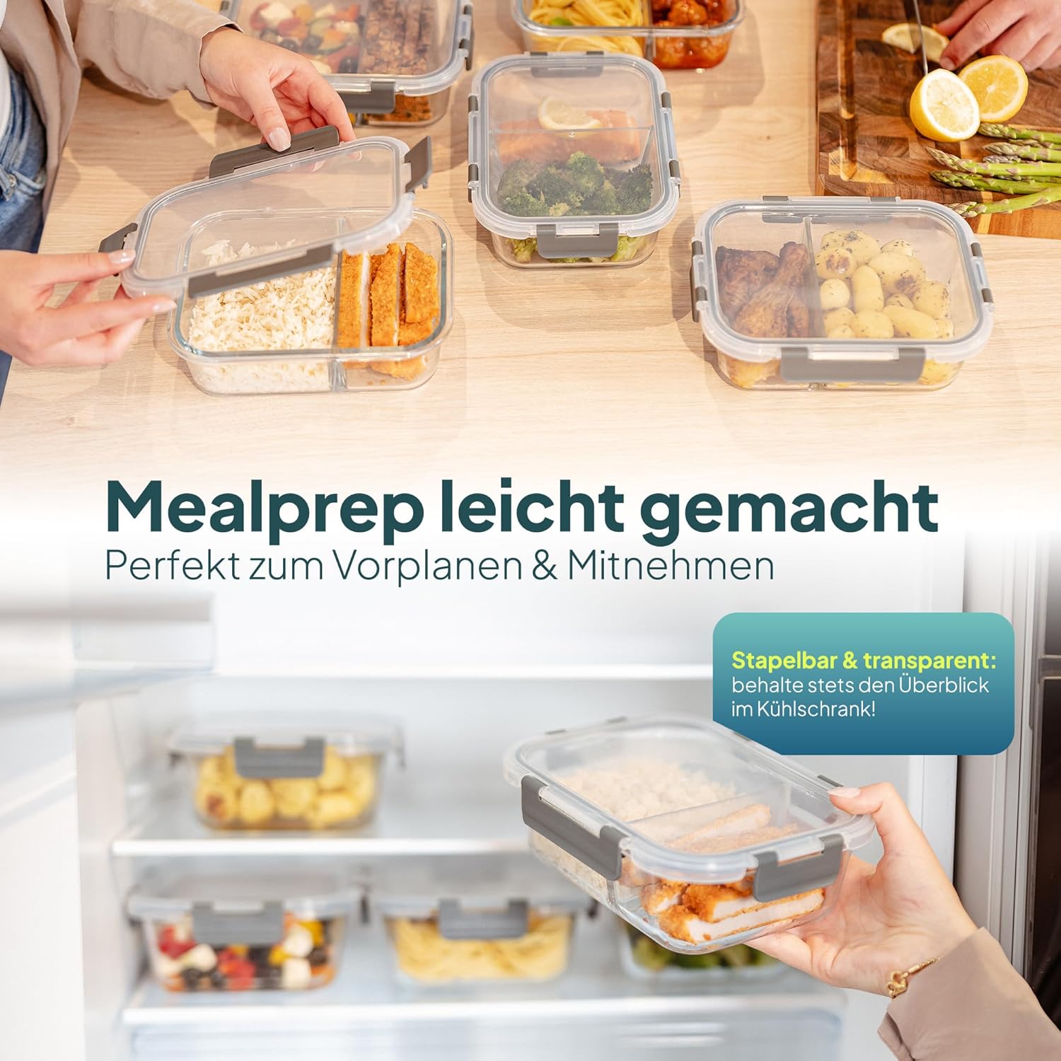 uandu Glasbehälter mit Deckel, 10 Stück, mit 2 Fächern, Borosilikatglas mit Deckel, Meal-Prep-Gläser, Frischhaltedosen aus Glas mit Deckel, Glasdosen mit Deckel-Set, Meal-Prep-Boxen, 5 Behälter + 5 Deckel – Bild 4