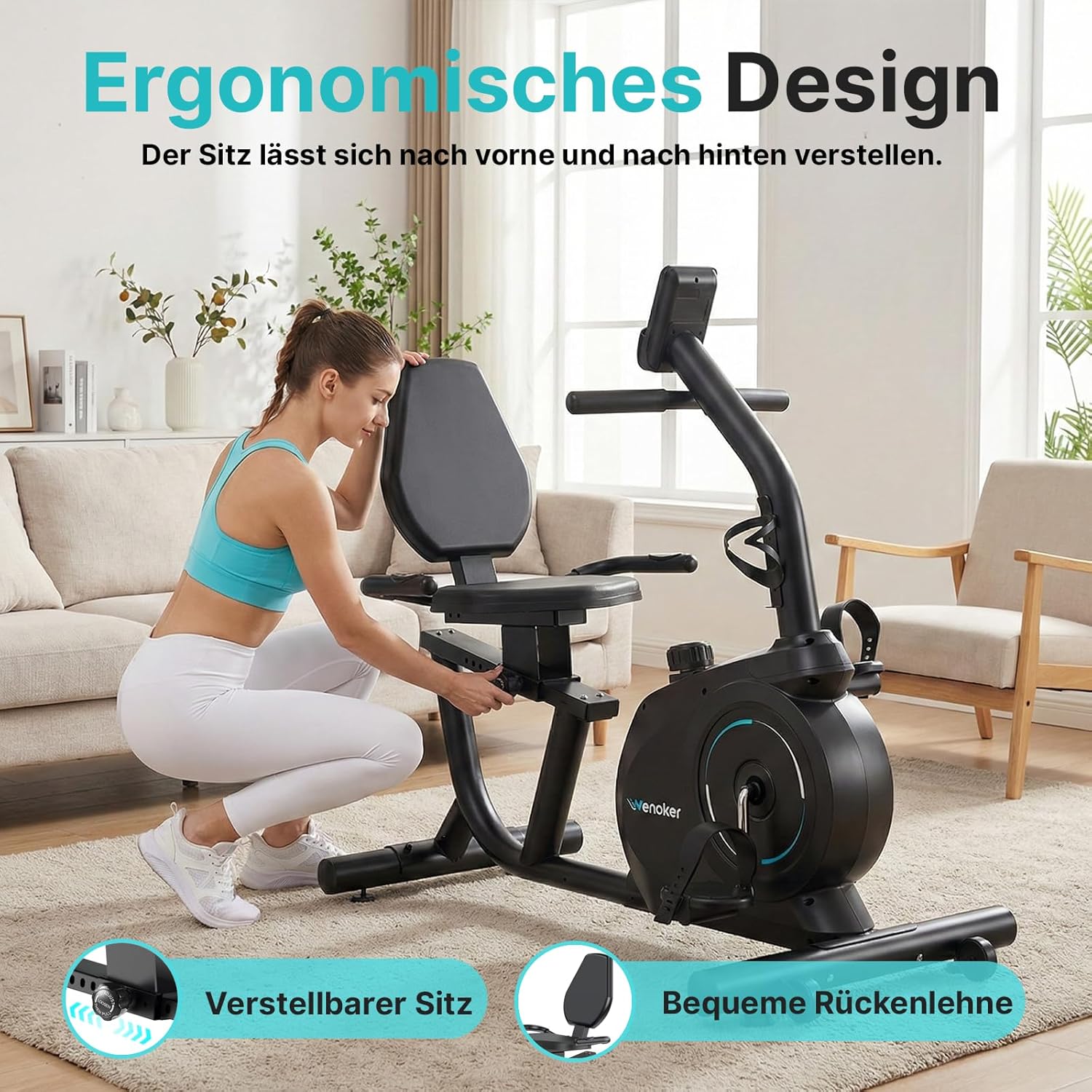 Wenoker Ergometer Liege- Heimtrainer mit Magnetbremse, Pulssensoren und LCD-Display, 16 Widerstandsstufen bis 160KG, Sitzergometer mit Rückenlehne für Senioren – Bild 5
