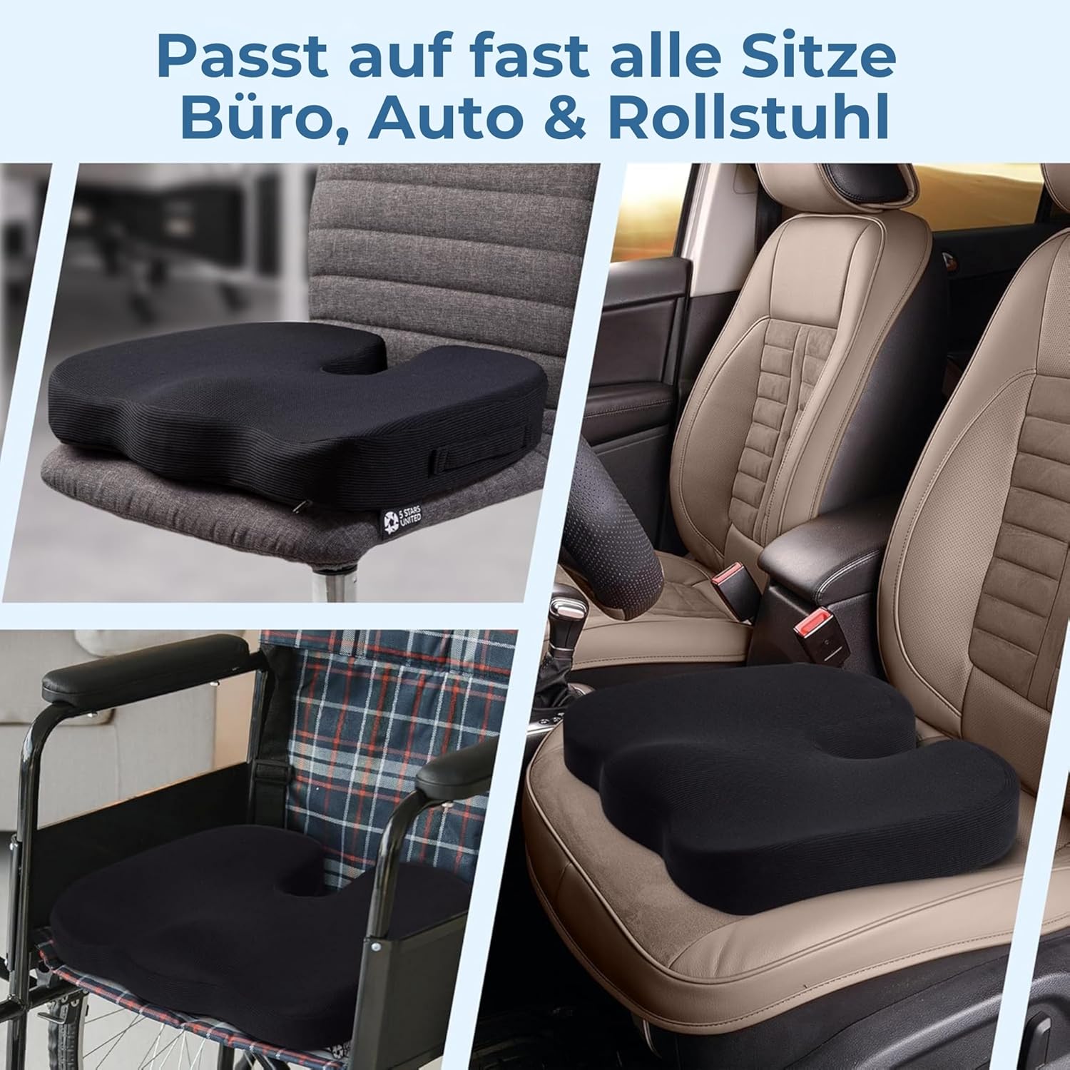 5 Stars United Memory Foam-Sitzkissen – ergonomisches Steißbeinkissen, Linderung von Ischias- und Rückenschmerzen, rutschfest, tragbar, waschbarer Bezug – Schwarz – Bild 6