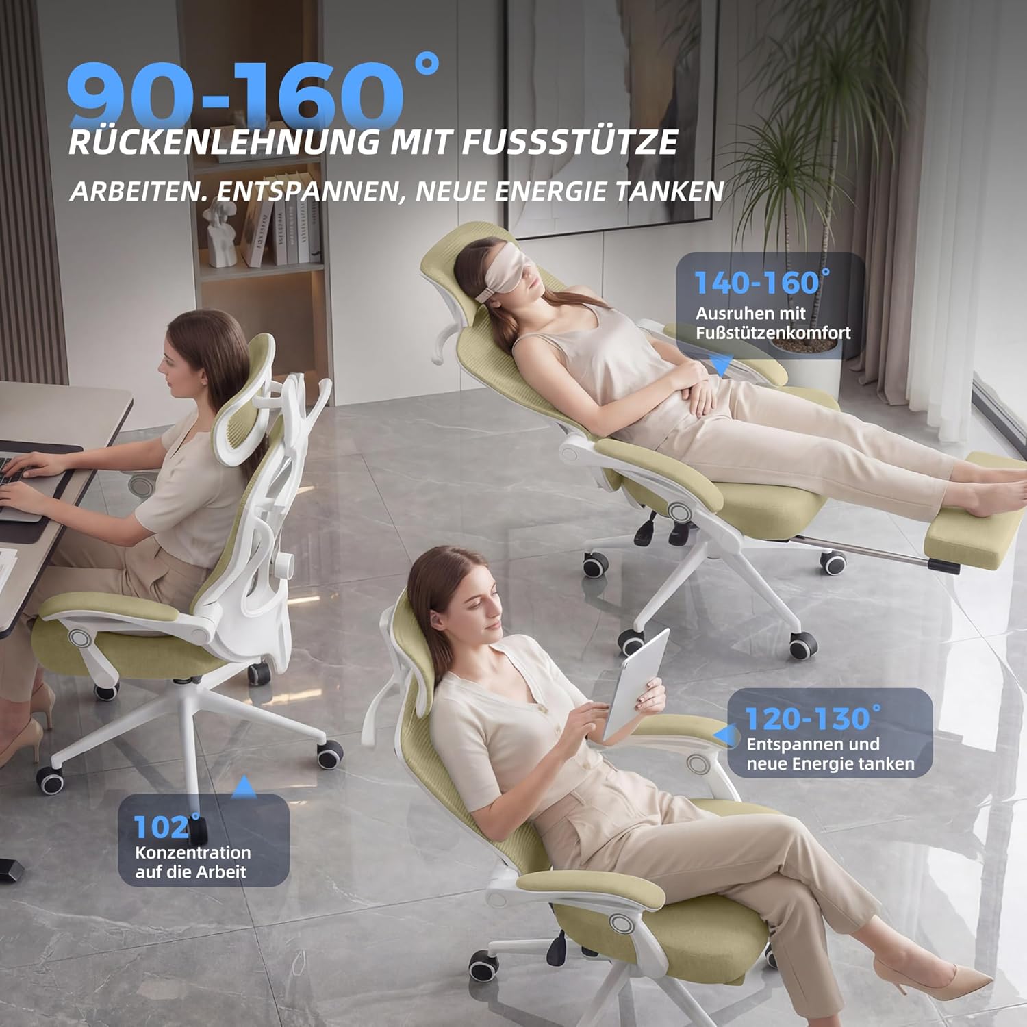 CYKOV Ergonomischer Bürostuhl mit Fußstütze, Bürostuhl & Gaming-Stuhl 150 kg+, 90-160° verstellbare Rückenlehne, verstellbare Lendenwirbelstütze und Kopfstütze, PC-Stuhl & Drehstuhl für Home Office – Bild 5