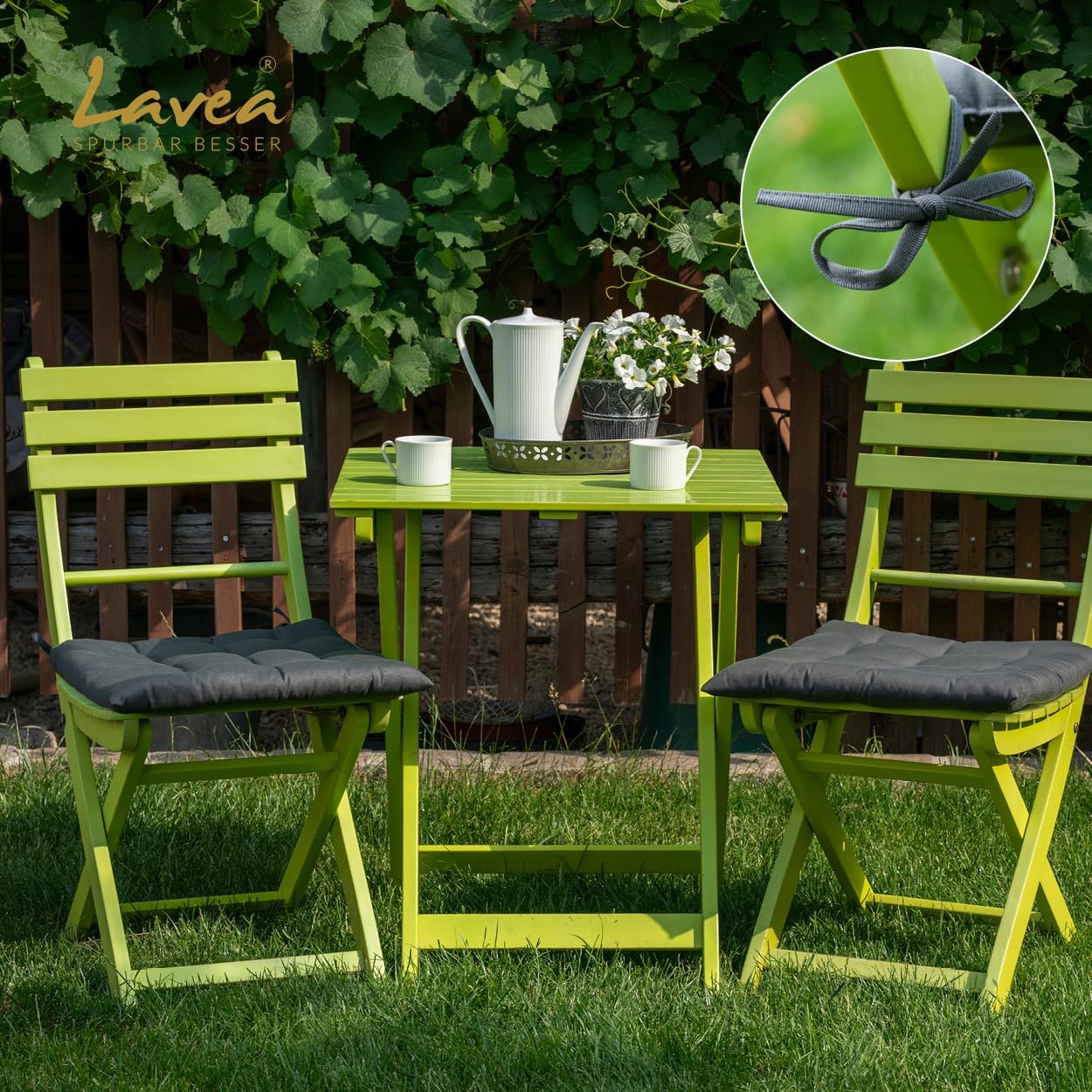 Lavea Sitzkissen & Stuhlkissen 40 x 40 cm – 4er-Set – mit Stoffbändern – Buiten & Indoor – waschbar & wetterfest – für Gartenstuhl, Balkon, Terrasse & Esszimmer – Sand – Bild 5