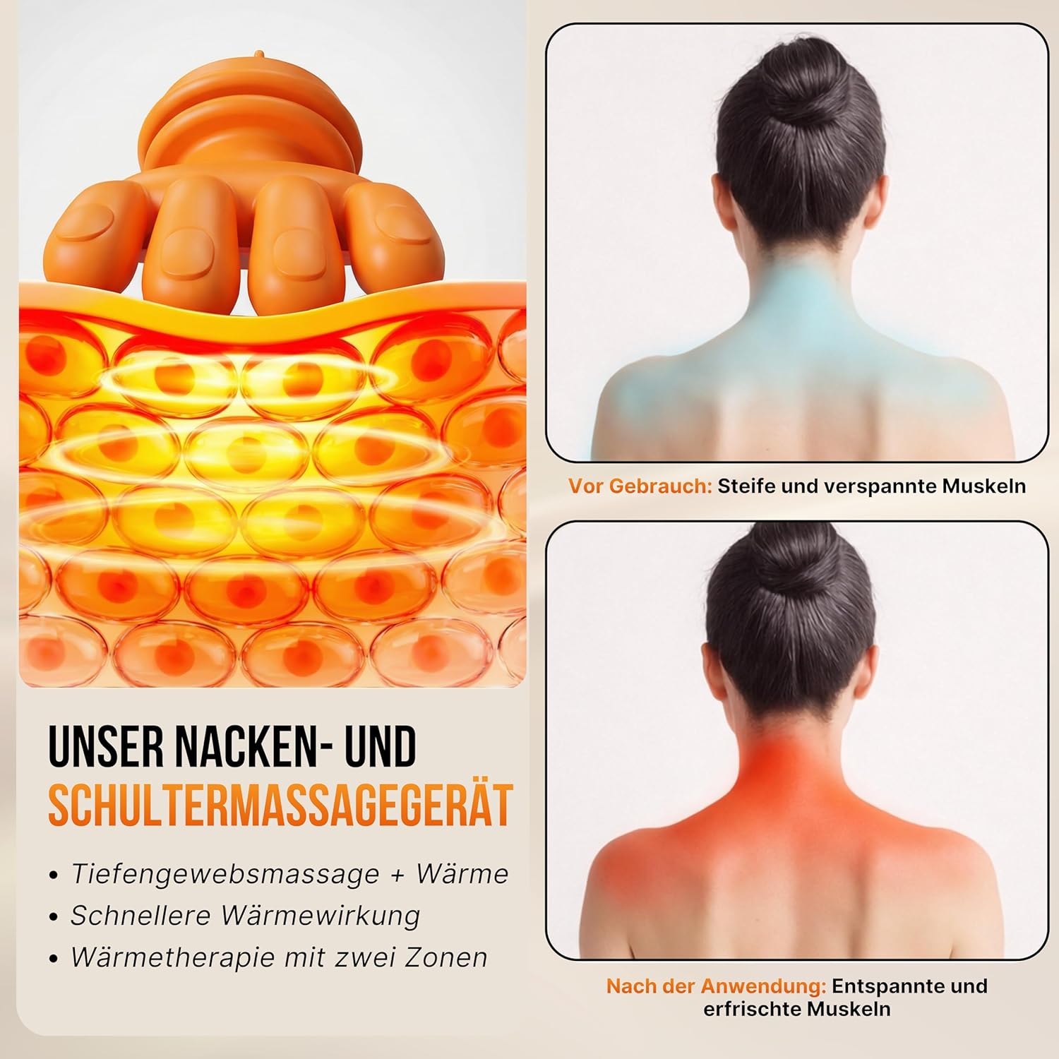 BeFit24 Neues Modell Nackenmassagegerät mit Wärme und Digitalanzeige – Tiefengewebsmassage für Nacken und Schultern, kabellos, wiederaufladbar, bionisches Handdesign, weiß – Bild 3