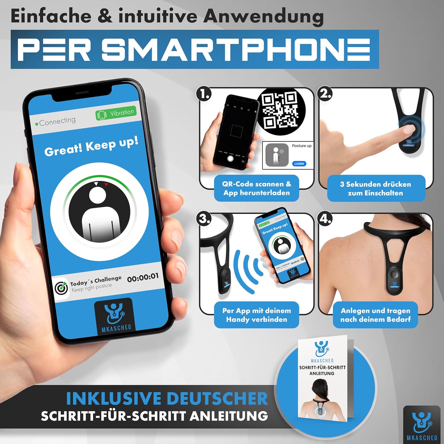 Intelligenter Rückenglätter, intelligenter Haltungskorrektor mit Vibration zur Erinnerung an eine falsche Haltung | Erinnerung an Fehlhaltungen, für Nacken und Rücken, gegen Rückenschmerzen, gegen Skoliose – Bild 8
