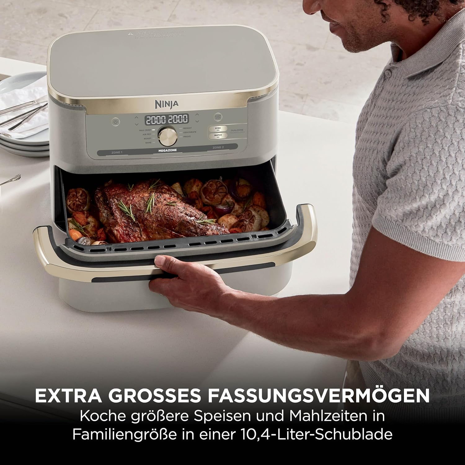 Ninja Foodi FlexDrawer Heißluftfritteuse, Dual-Zone, lässt sich in MegaZone 10,4 l umwandeln, Dual-Zone, mit wenig bis gar keinem Öl, antihaftbeschichtete, spülmaschinenfeste Teile, Stone Gold AF500EUSD – Bild 4