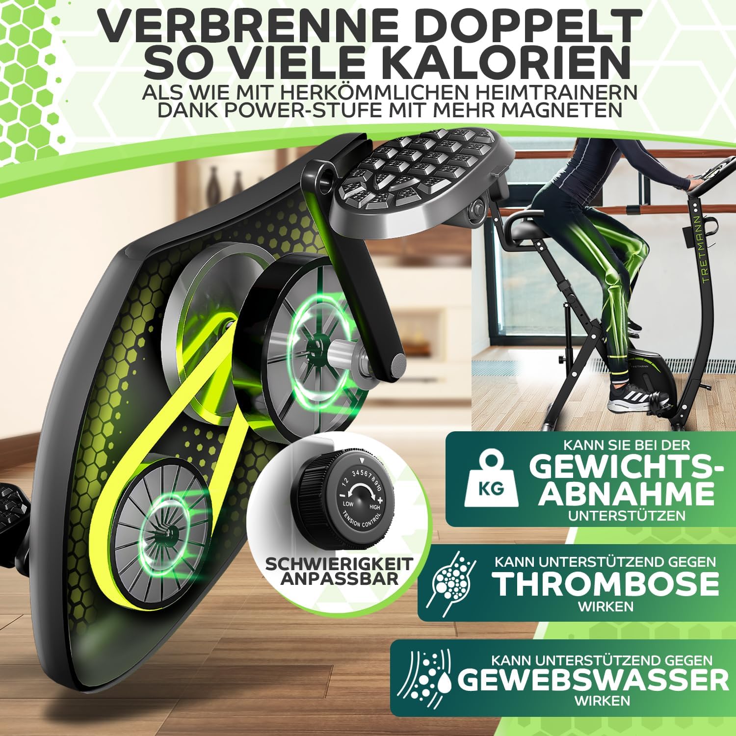 Tretmann 3-in-1-Klapp-Heimtrainer – Extra leise & komfortabel – (SoftFoam) Dekra-geprüft – mit tiefem Einstieg. Heimtrainer, Fahrrad-Ergometer, Heimtrainer, faltbare Heimfitness-Fahrräder – Bild 6
