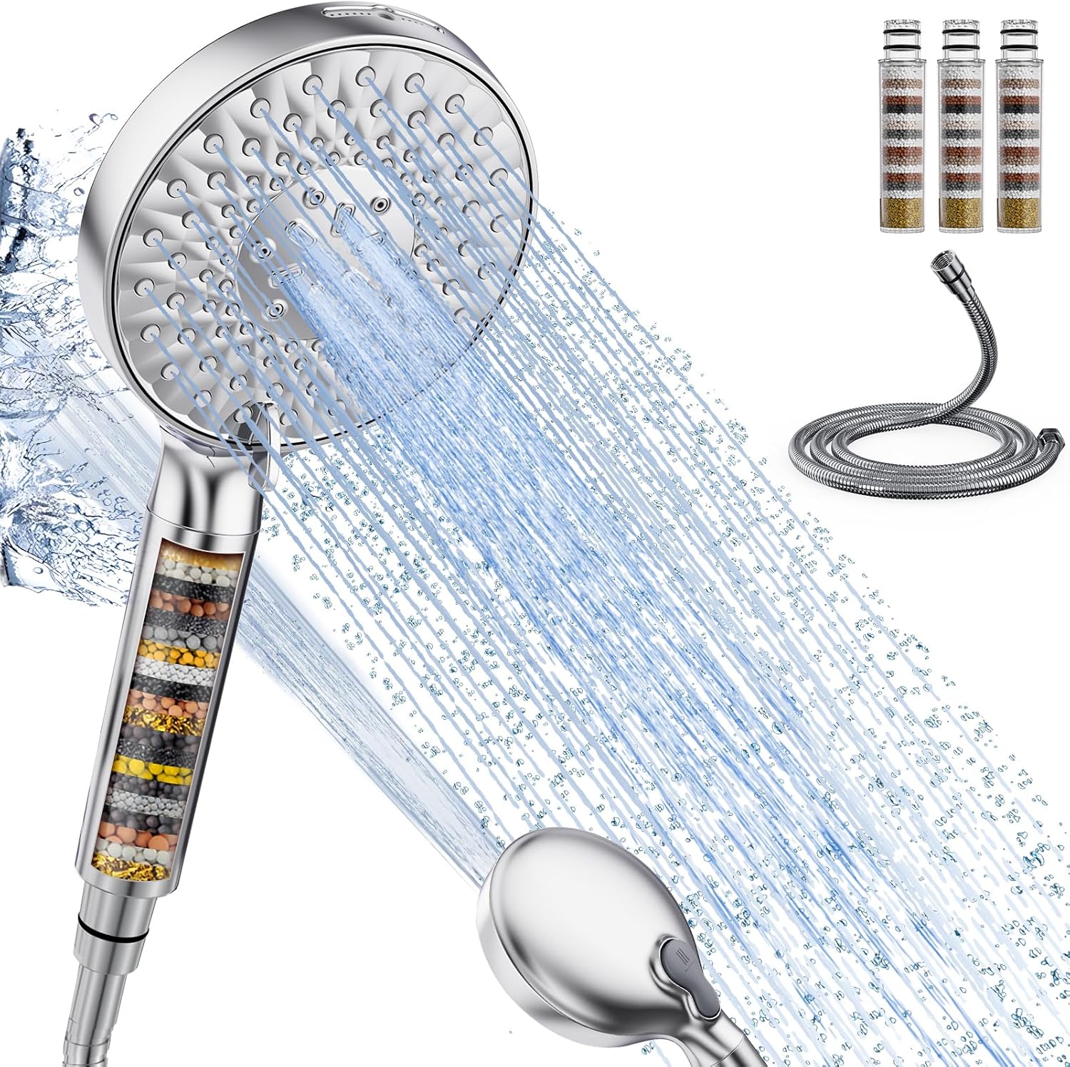 SR SUN RISE Duschkopf mit Filter, Duschkopf mit Schlauch und Filterkartuschen, 9-Funktionen-Handbrause mit 4 Duschfiltern, Hochdruck-Handbrause für hartes Wasser, Restchlor, Schwermetalle, Bakterien