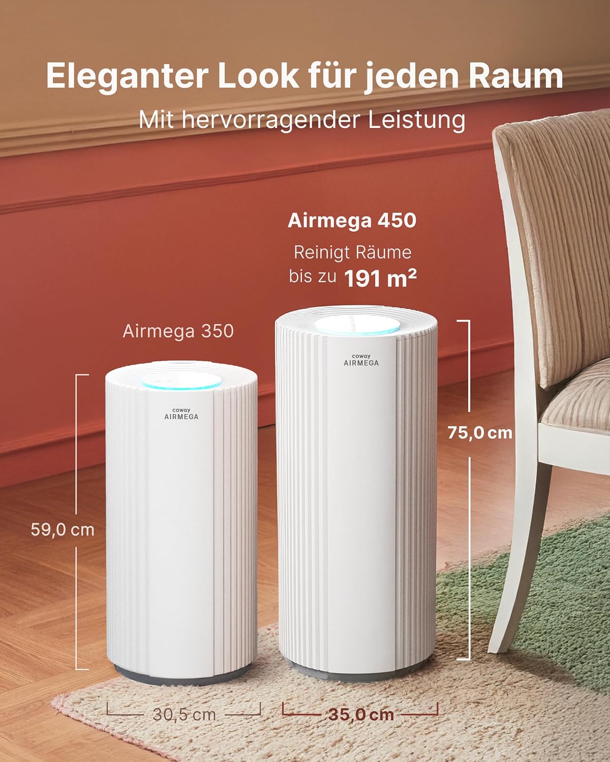COWAY Luftreiniger für große Räume, CADR 734 m³/h, reinigt 153 m² in 30 Minuten, HEPA-Filter gegen Rauch, Allergien, Tierhaare, Gerüche, PM1/2,5/10 AQI-Display, Energiesparmodus, AIRMEGA 450 weiß – Bild 6
