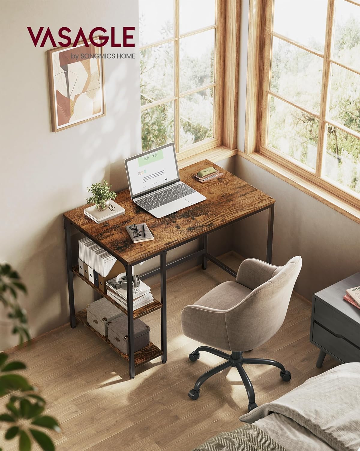 VASAGLE LWD046B01 Schreibtisch, Computertisch, PC-Schreibtisch, Bürotisch mit 2 Ablagen auf der rechten oder linken Seite, für Büro, Wohnzimmer, Stahlgestell, Industriedesign, Vintage-Braun/Schwarz – Bild 2