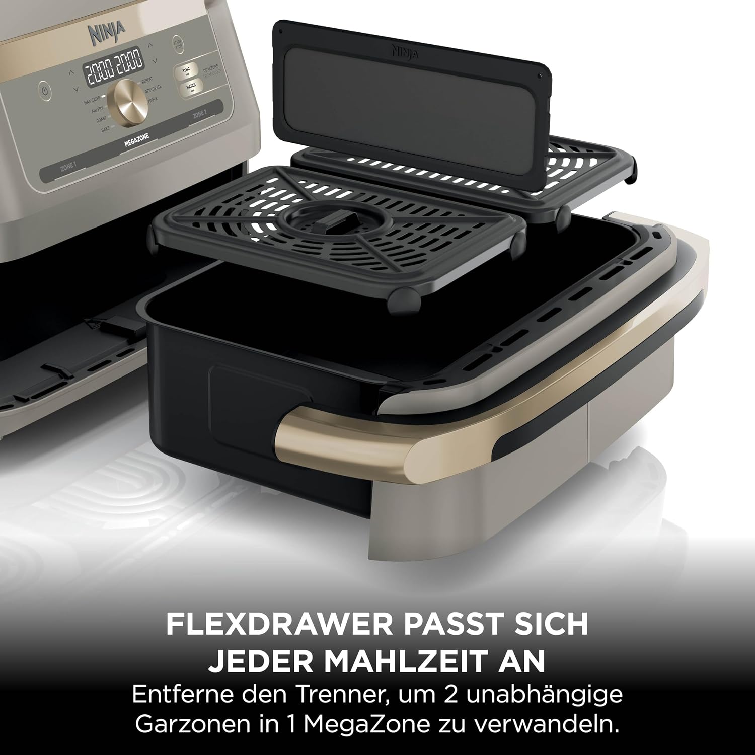 Ninja Foodi FlexDrawer Heißluftfritteuse, Dual-Zone, lässt sich in MegaZone 10,4 l umwandeln, Dual-Zone, mit wenig bis gar keinem Öl, antihaftbeschichtete, spülmaschinenfeste Teile, Stone Gold AF500EUSD – Bild 3