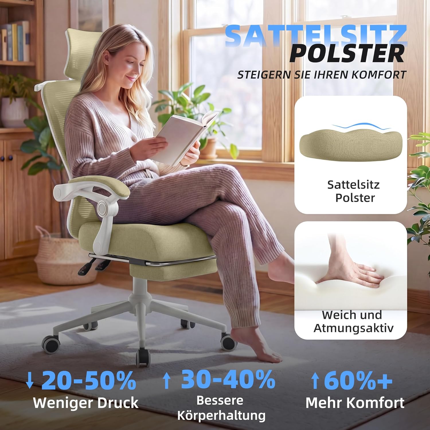 CYKOV Ergonomischer Bürostuhl mit Fußstütze, Bürostuhl & Gaming-Stuhl 150 kg+, 90-160° verstellbare Rückenlehne, verstellbare Lendenwirbelstütze und Kopfstütze, PC-Stuhl & Drehstuhl für Home Office – Bild 3