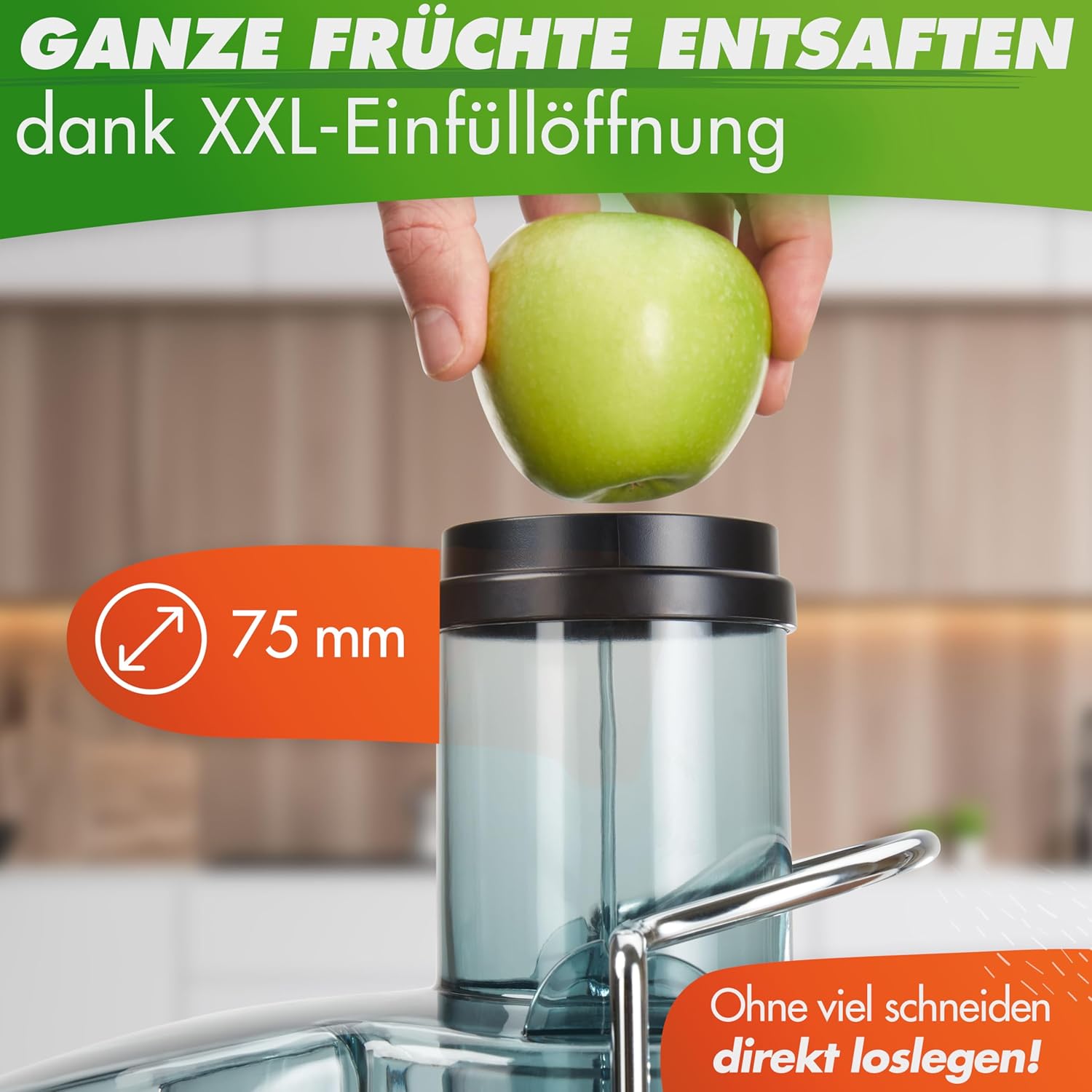 Nutrilovers Schnellentsafter Max, Zentrifugalentsafter, Obst- und Gemüsepresse, 800 W, XXL-Schlitz, Edelstahlsieb, externer Tresterbehälter, BPA-frei, inklusive Trinkflasche + Rezeptbuch – Bild 3