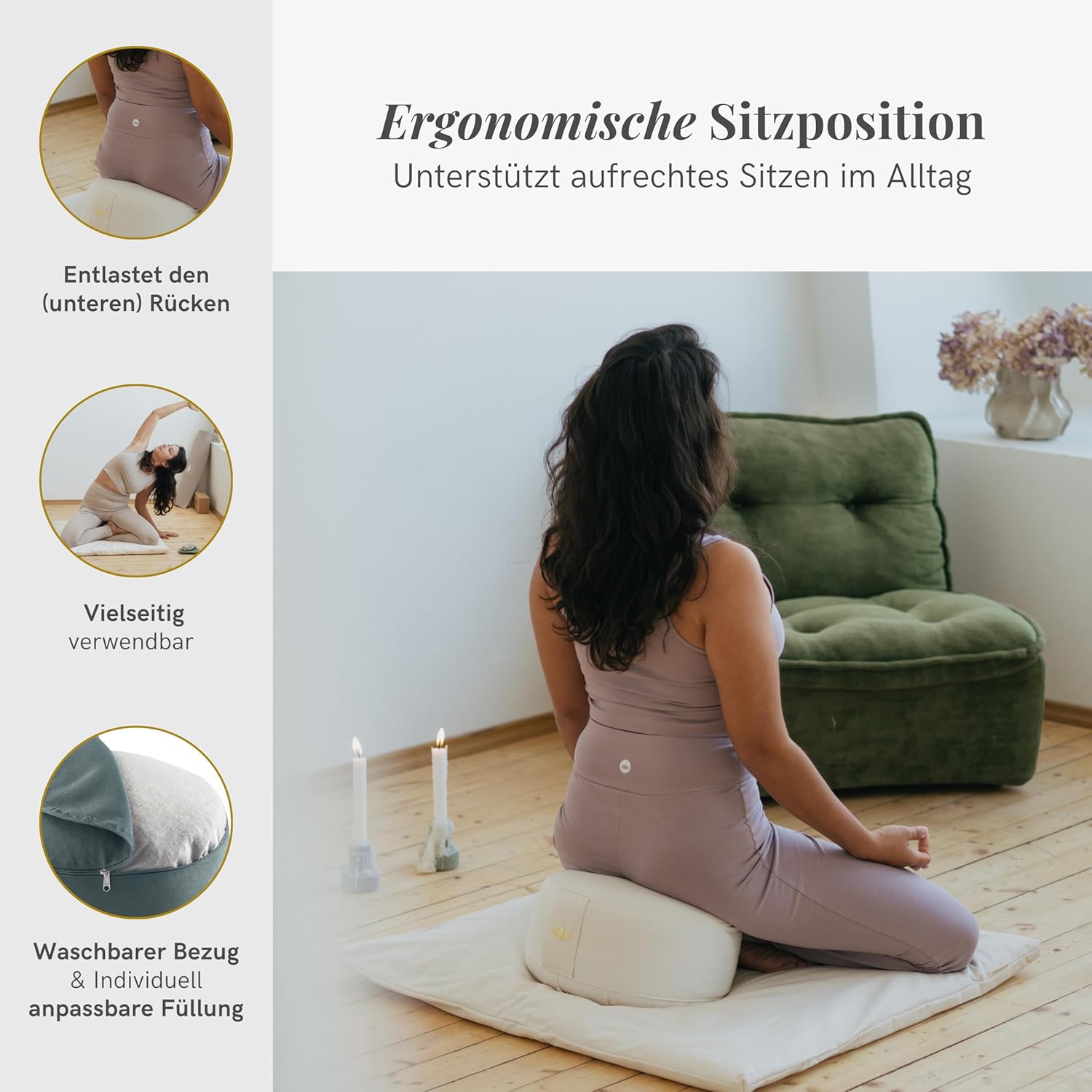 Lotuscrafts Yogakissen Meditationskissen Runder Lotus – Bezug aus nachhaltiger Bio-Baumwolle – GOTS-zertifiziert – Sitzhöhe 15 cm – Bequeme & entspannte Meditation – Yoga-Sitzkissen mit Dinkelfüllung – Bild 2