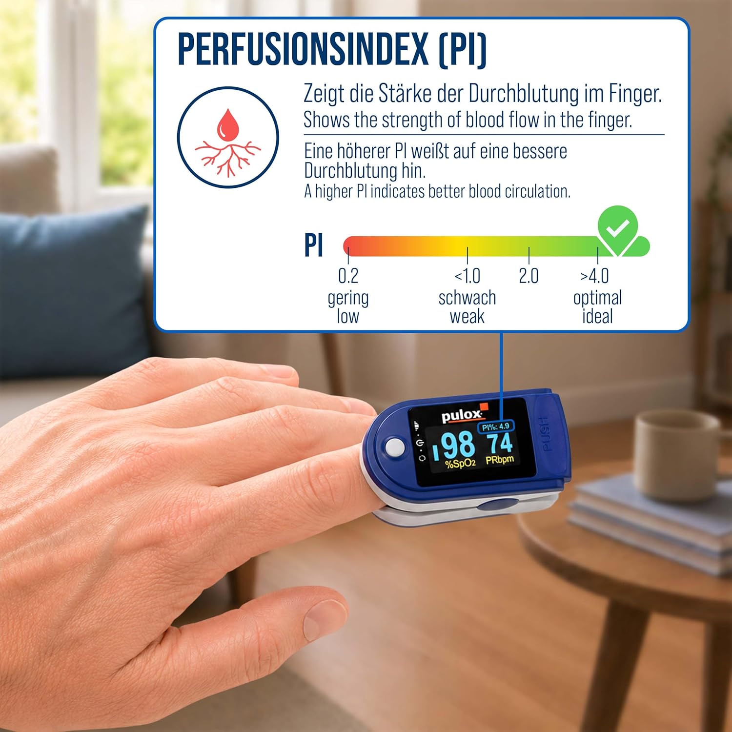 Pulsoximeter PULOX PO-200 Solo Fingerpulsoximeter zur Messung von Puls und Sauerstoffsättigung am Finger | Mit Präzisionsanzeige zur zuverlässigen Kontrolle von Sauerstoffsättigung, Herzfrequenz und Perfusionsindex – Bild 4