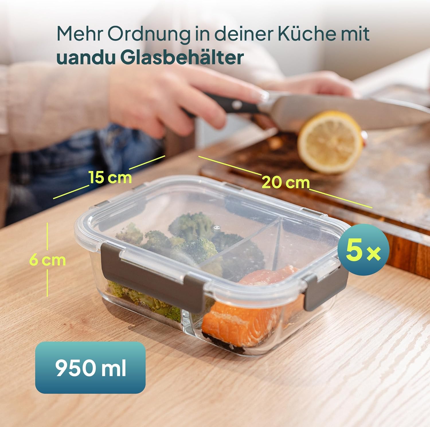 uandu Glasbehälter mit Deckel, 10 Stück, mit 2 Fächern, Borosilikatglas mit Deckel, Meal-Prep-Gläser, Frischhaltedosen aus Glas mit Deckel, Glasdosen mit Deckel-Set, Meal-Prep-Boxen, 5 Behälter + 5 Deckel – Bild 2